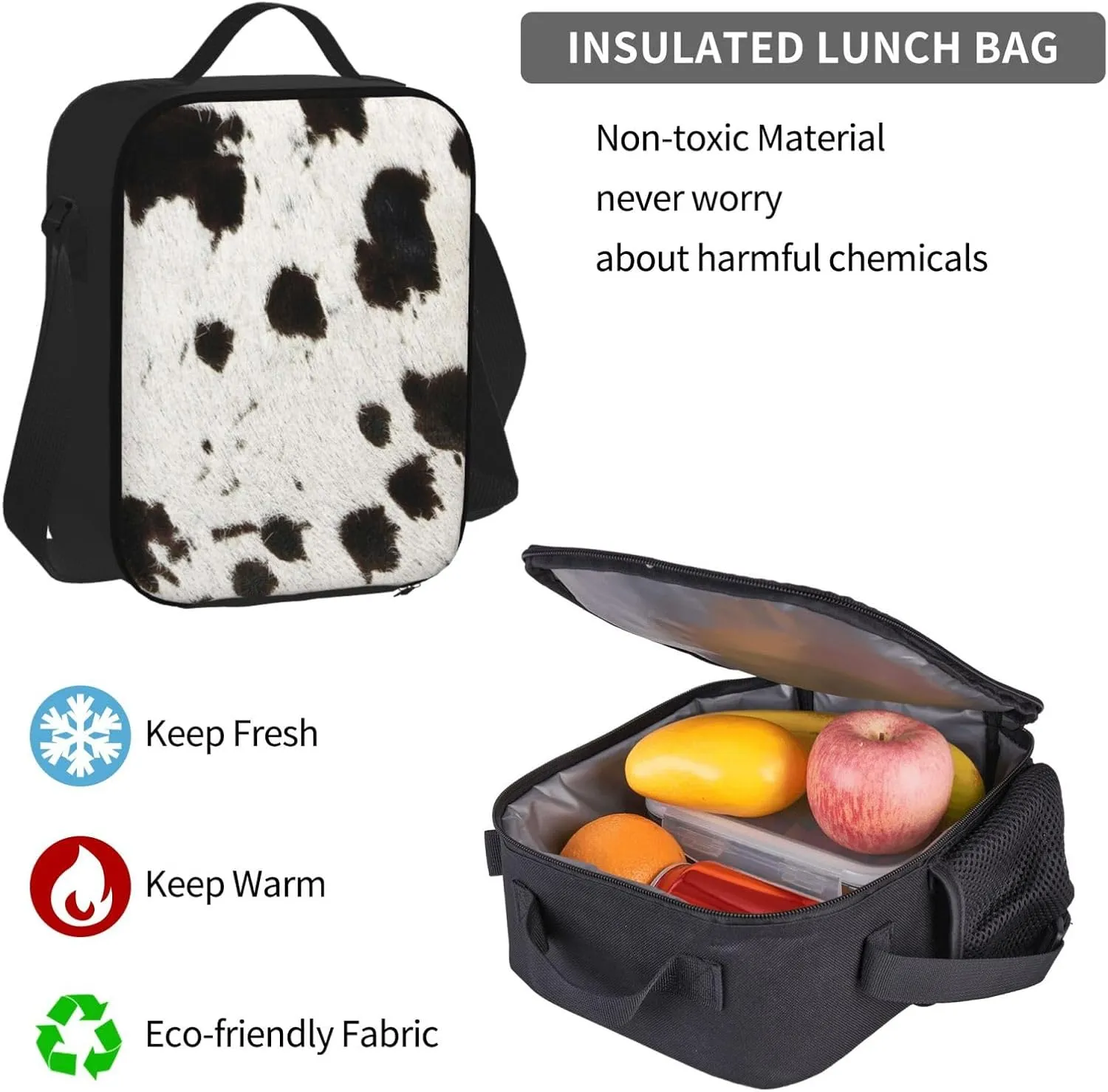 Spotty cowhide black and white fur Multifunctional Pocket Backpack Crossbody Lunch Bag Pencil Case 3Pcs Set Large Capacity Backpack