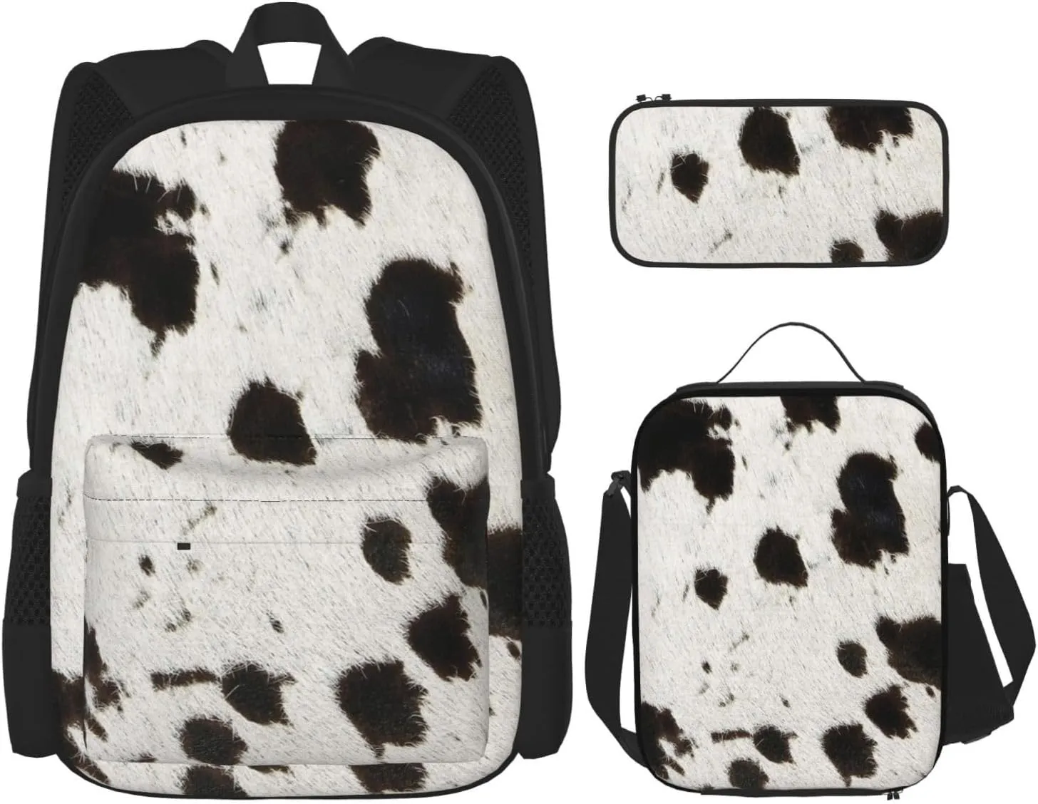 Spotty cowhide black and white fur Multifunctional Pocket Backpack Crossbody Lunch Bag Pencil Case 3Pcs Set Large Capacity Backpack