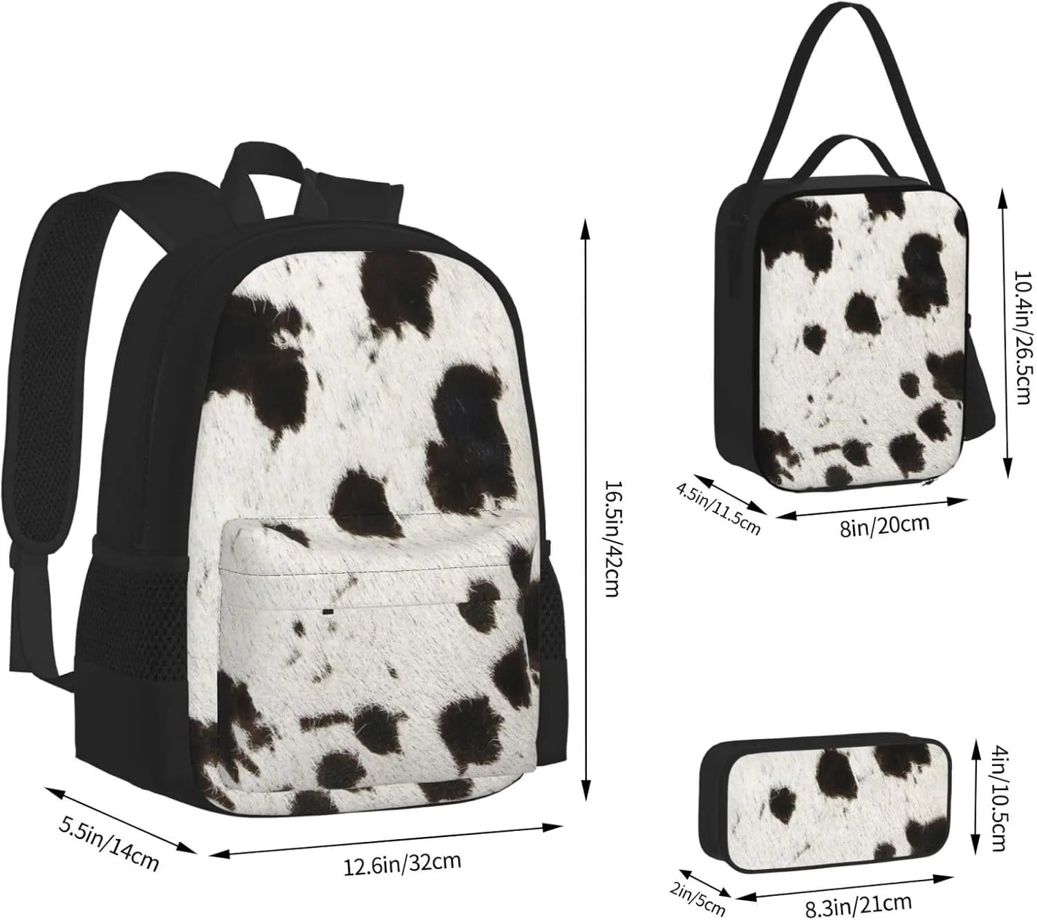 Spotty cowhide black and white fur Multifunctional Pocket Backpack Crossbody Lunch Bag Pencil Case 3Pcs Set Large Capacity Backpack