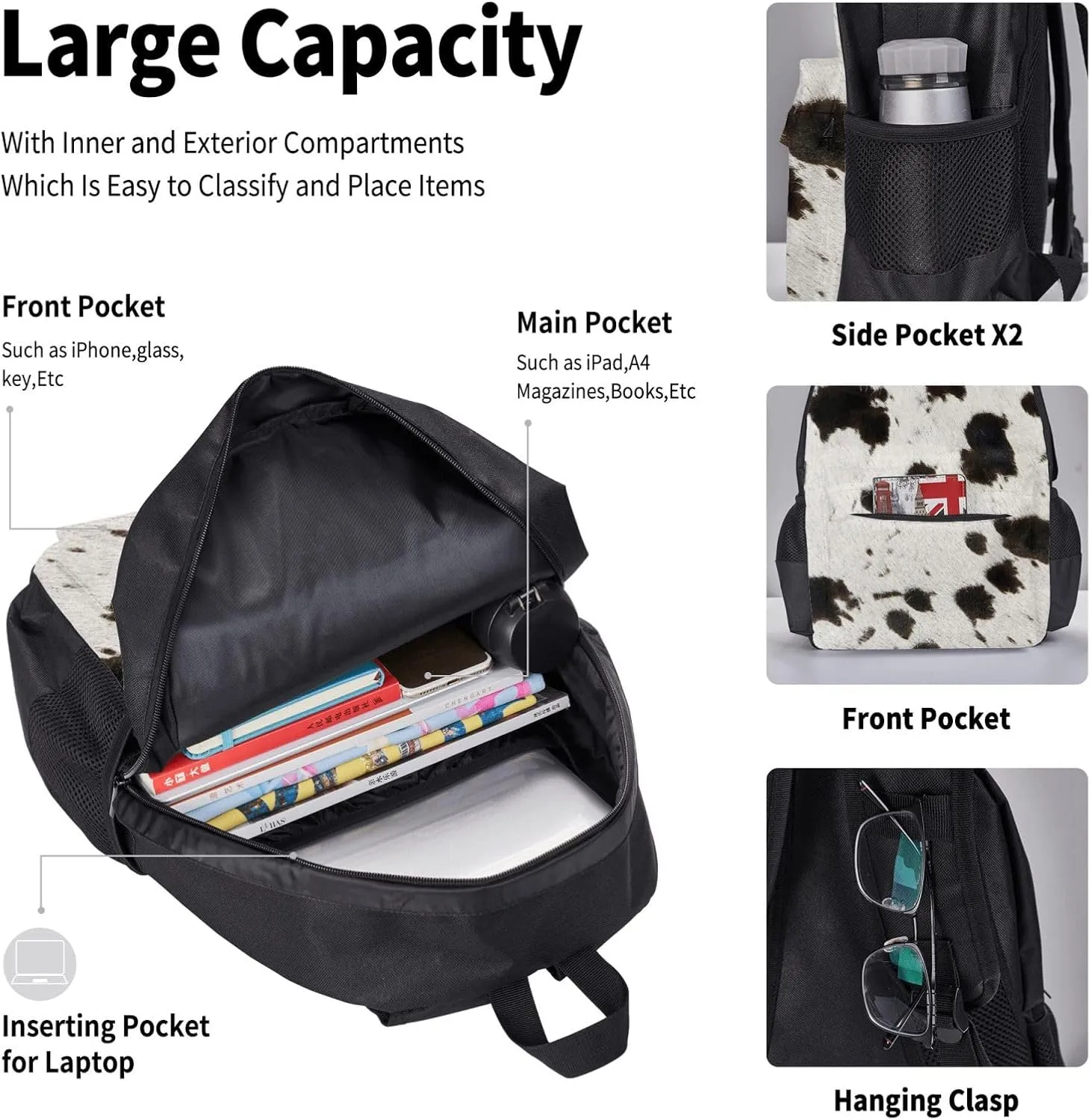 Spotty cowhide black and white fur Multifunctional Pocket Backpack Crossbody Lunch Bag Pencil Case 3Pcs Set Large Capacity Backpack