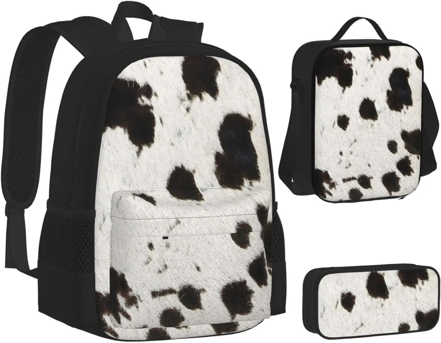 Spotty cowhide black and white fur Multifunctional Pocket Backpack Crossbody Lunch Bag Pencil Case 3Pcs Set Large Capacity Backpack
