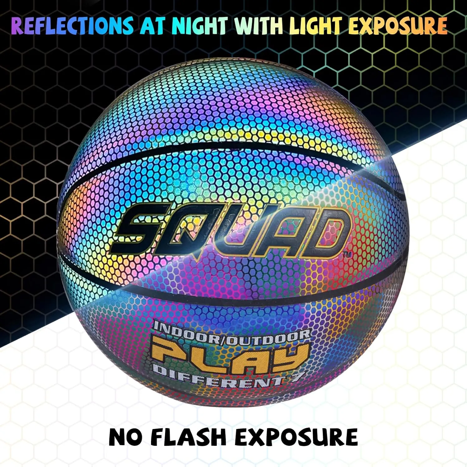 SQUAD NightPlay Reflective Basketball Size 5, Size 7 - Cool Holographic Glow Basketball for Night Game, Ideal Gift for Boys Girls 10-14 Year Old, Cool Teen Toys