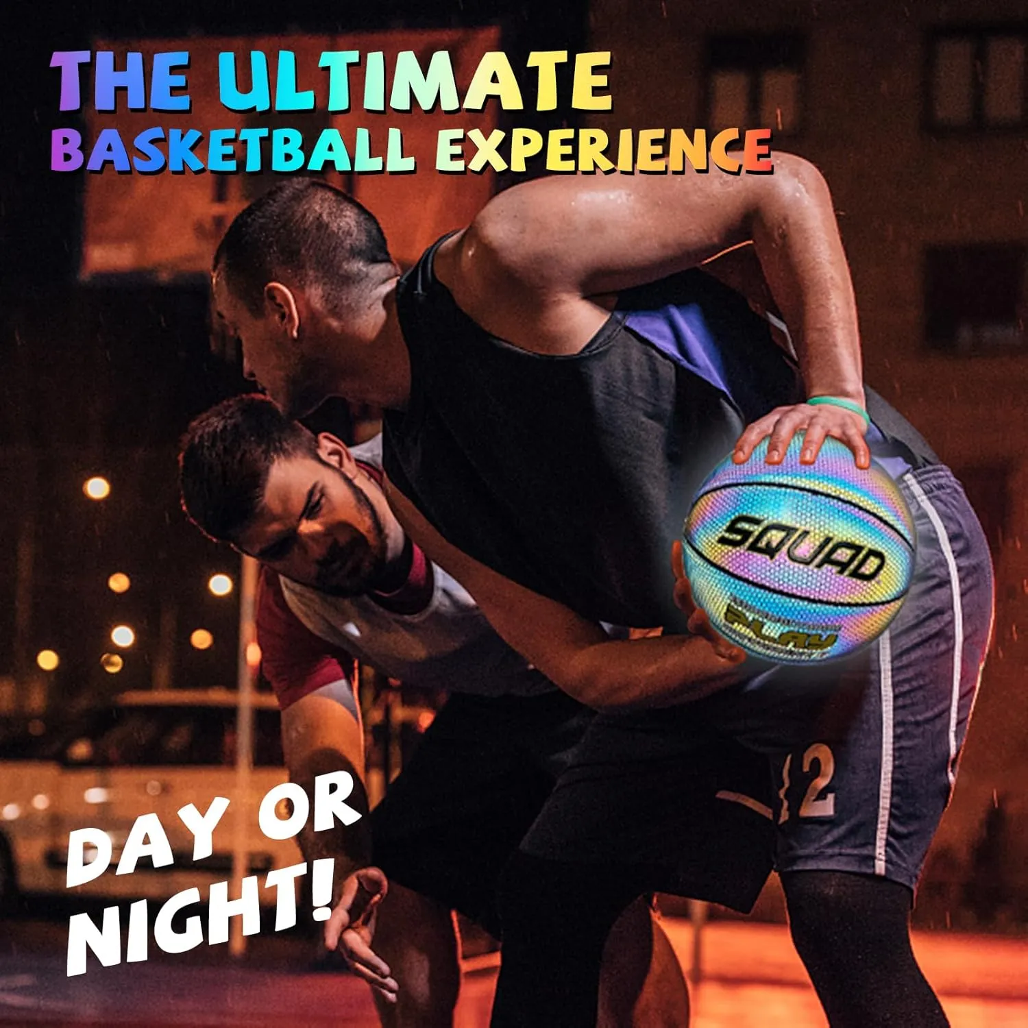 SQUAD NightPlay Reflective Basketball Size 5, Size 7 - Cool Holographic Glow Basketball for Night Game, Ideal Gift for Boys Girls 10-14 Year Old, Cool Teen Toys