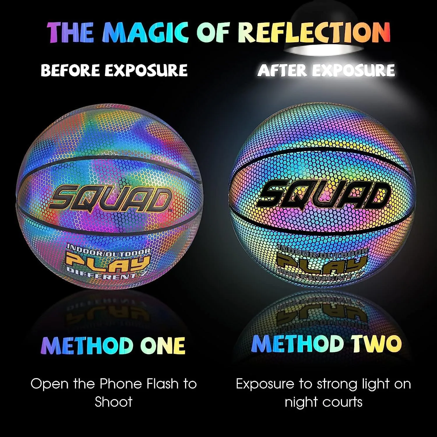 SQUAD NightPlay Reflective Basketball Size 5, Size 7 - Cool Holographic Glow Basketball for Night Game, Ideal Gift for Boys Girls 10-14 Year Old, Cool Teen Toys