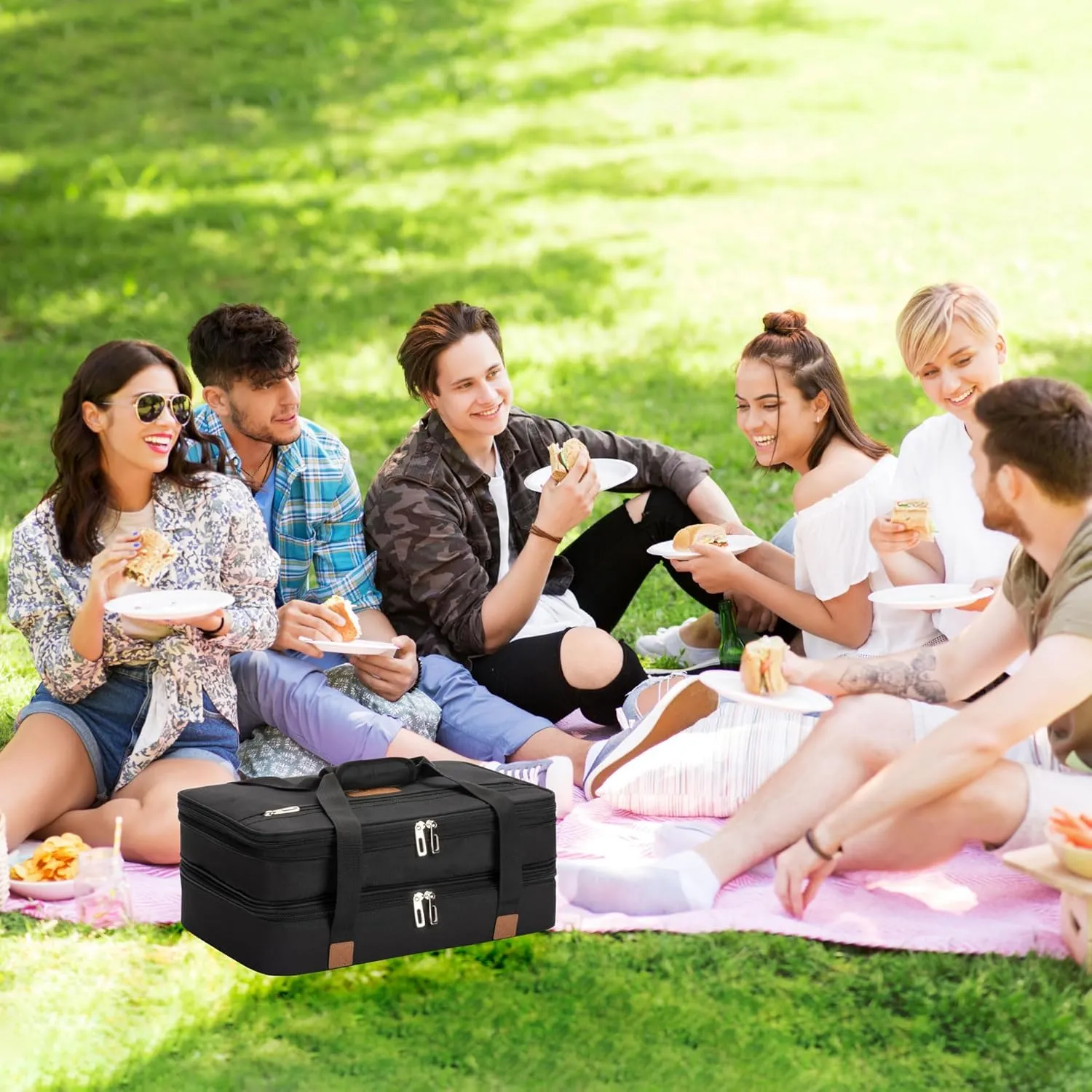 Stack Store Plus More Insulated Expandable Casserole Carrier and Lasagna Holder for Picnic Potluck Beach Day Trip Camping Hiking - Hot and Cold Thermal Bag – Baking Dish with Lid Included - Black