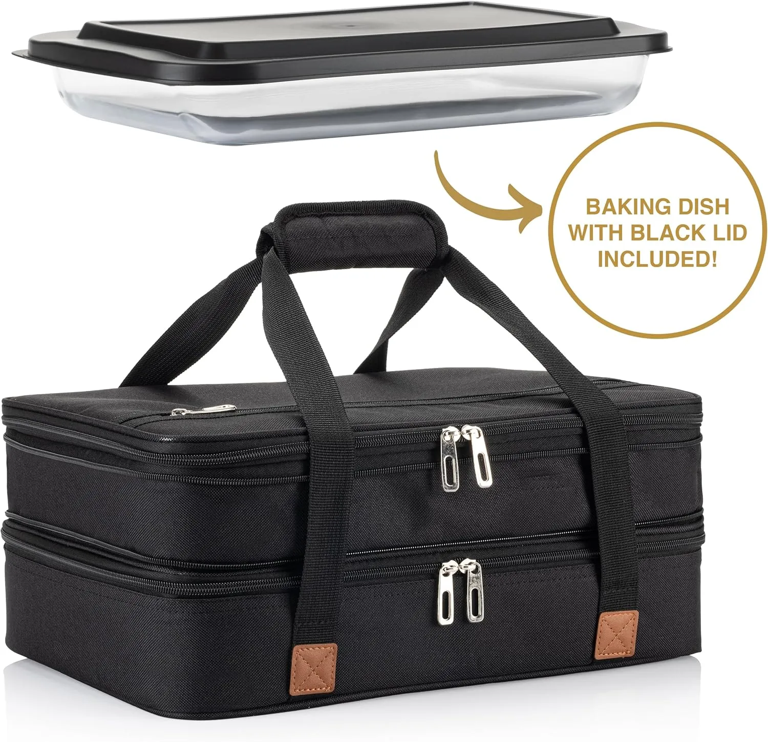 Stack Store Plus More Insulated Expandable Casserole Carrier and Lasagna Holder for Picnic Potluck Beach Day Trip Camping Hiking - Hot and Cold Thermal Bag – Baking Dish with Lid Included - Black