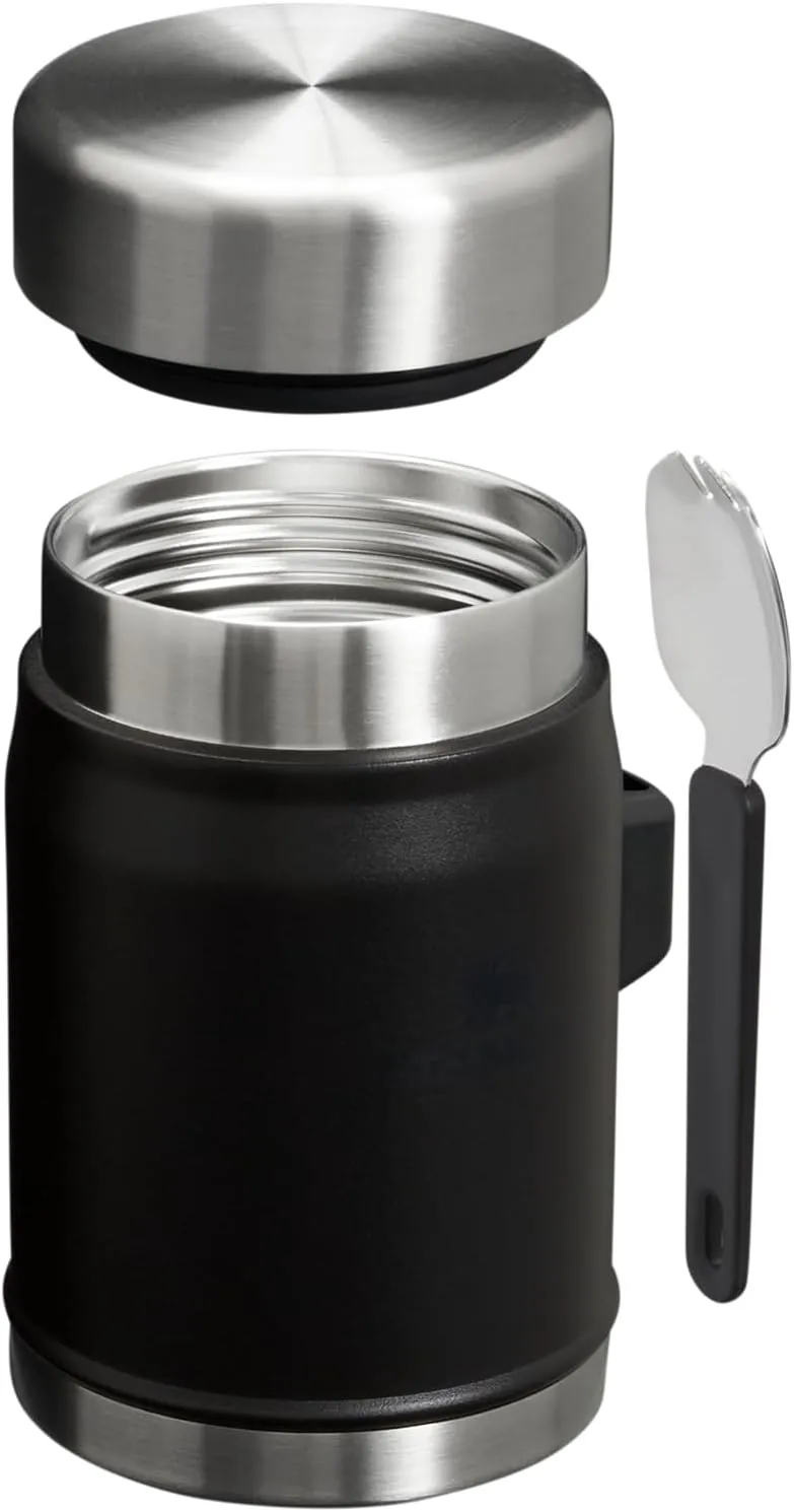 Stanley Classic Food Jar and Spork 14 oz | Vacuum Insulated Thermos Food Container | Wide Mouth Screw On Lid | Packable for Travel | Stainless Steel with Leakproof Lid | BPA-Free | Black 2.0