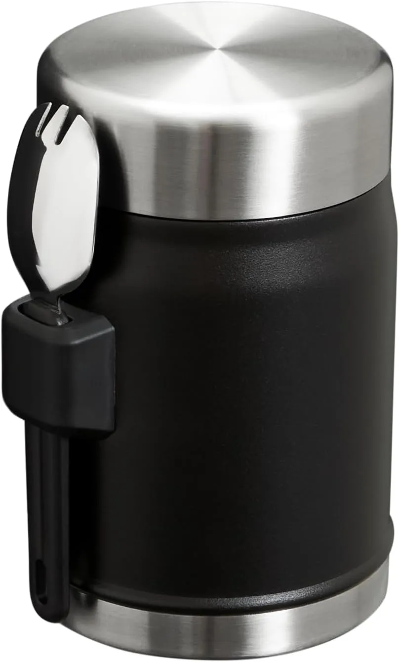 Stanley Classic Food Jar and Spork 14 oz | Vacuum Insulated Thermos Food Container | Wide Mouth Screw On Lid | Packable for Travel | Stainless Steel with Leakproof Lid | BPA-Free | Black 2.0