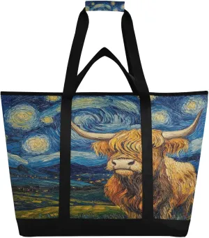 Starry Highland Cow Reusable Insulated Lunchbox Cooler Bag, Leakproof Kitchen Grocery Bag Collapsible Portable Cooler Tote Bag for Picnic, Camping, Office, Travel