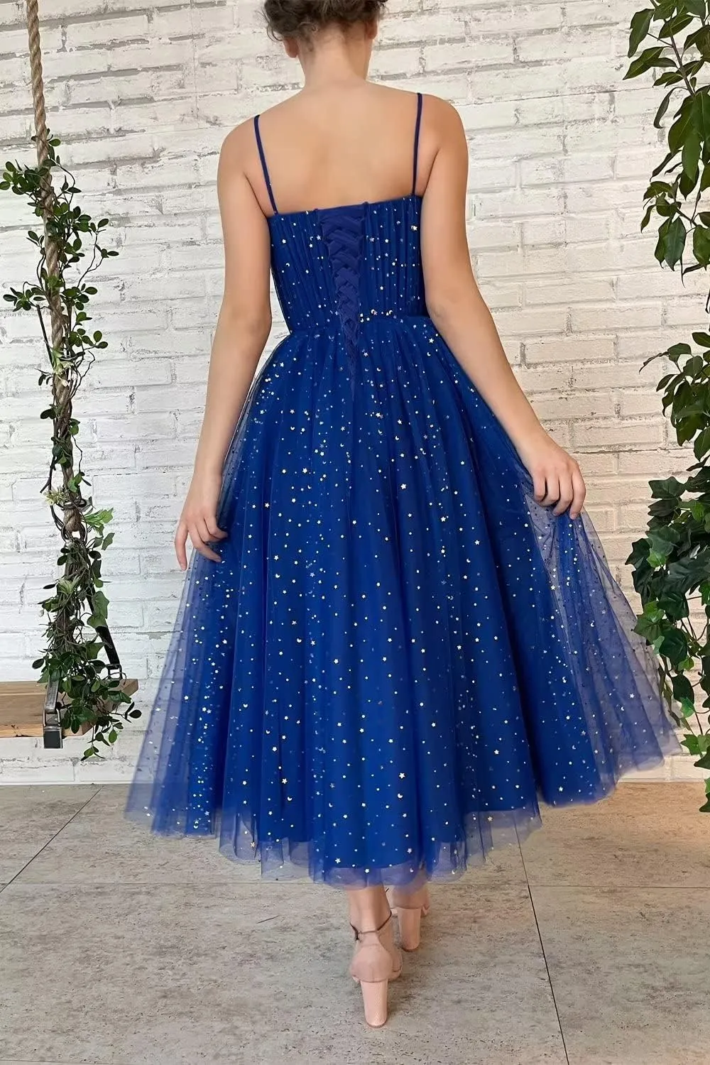 Starry Tulle Prom Dresses Tea Length Spaghetti Straps A Line Pleated Formal Evening Gowns for Women