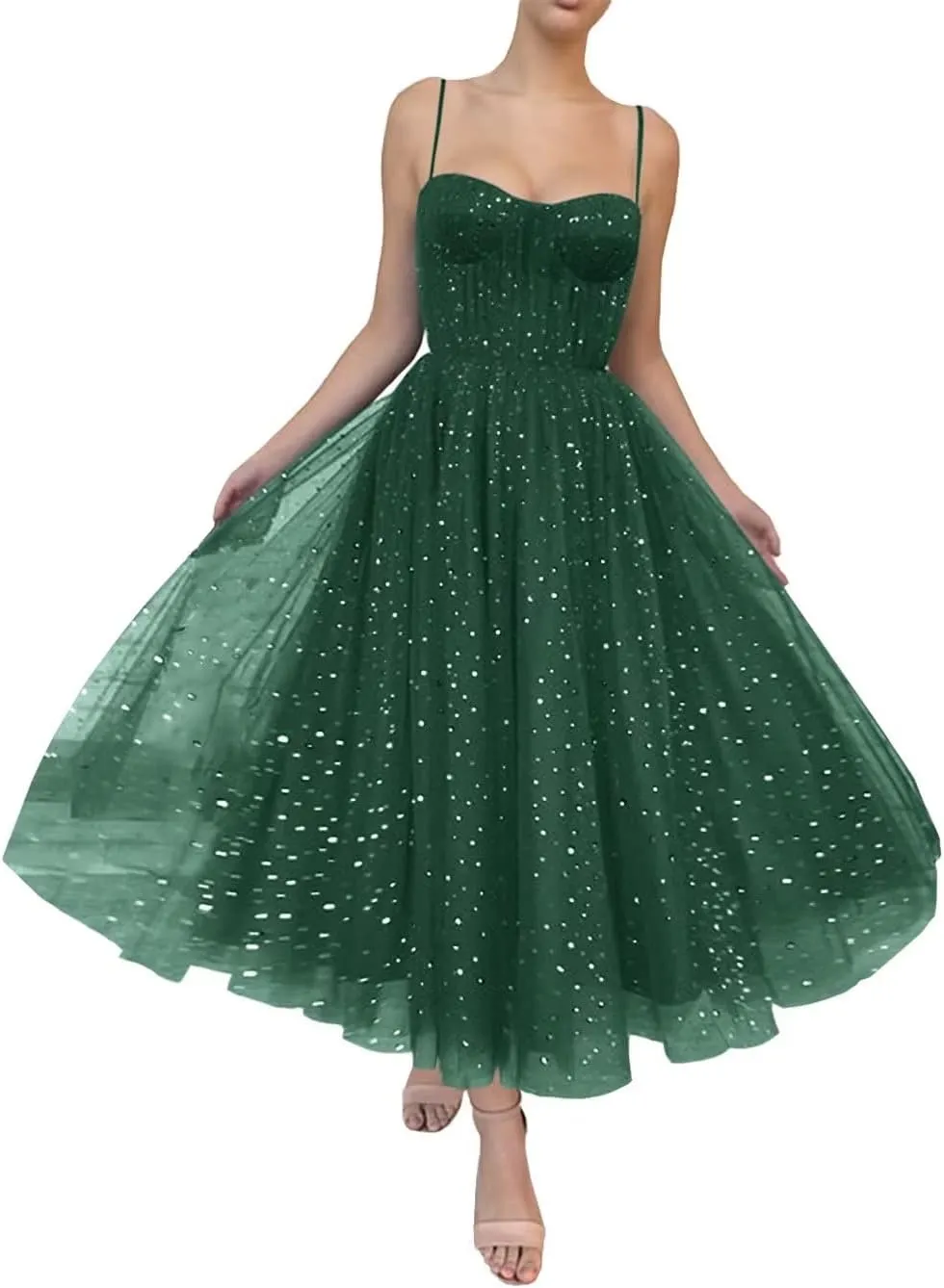 Starry Tulle Prom Dresses Tea Length Spaghetti Straps A Line Pleated Formal Evening Gowns for Women