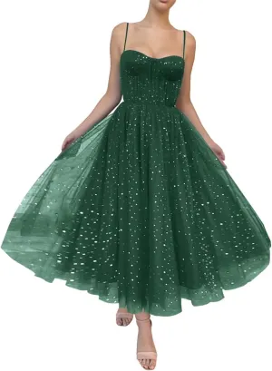 Starry Tulle Prom Dresses Tea Length Spaghetti Straps A Line Pleated Formal Evening Gowns for Women