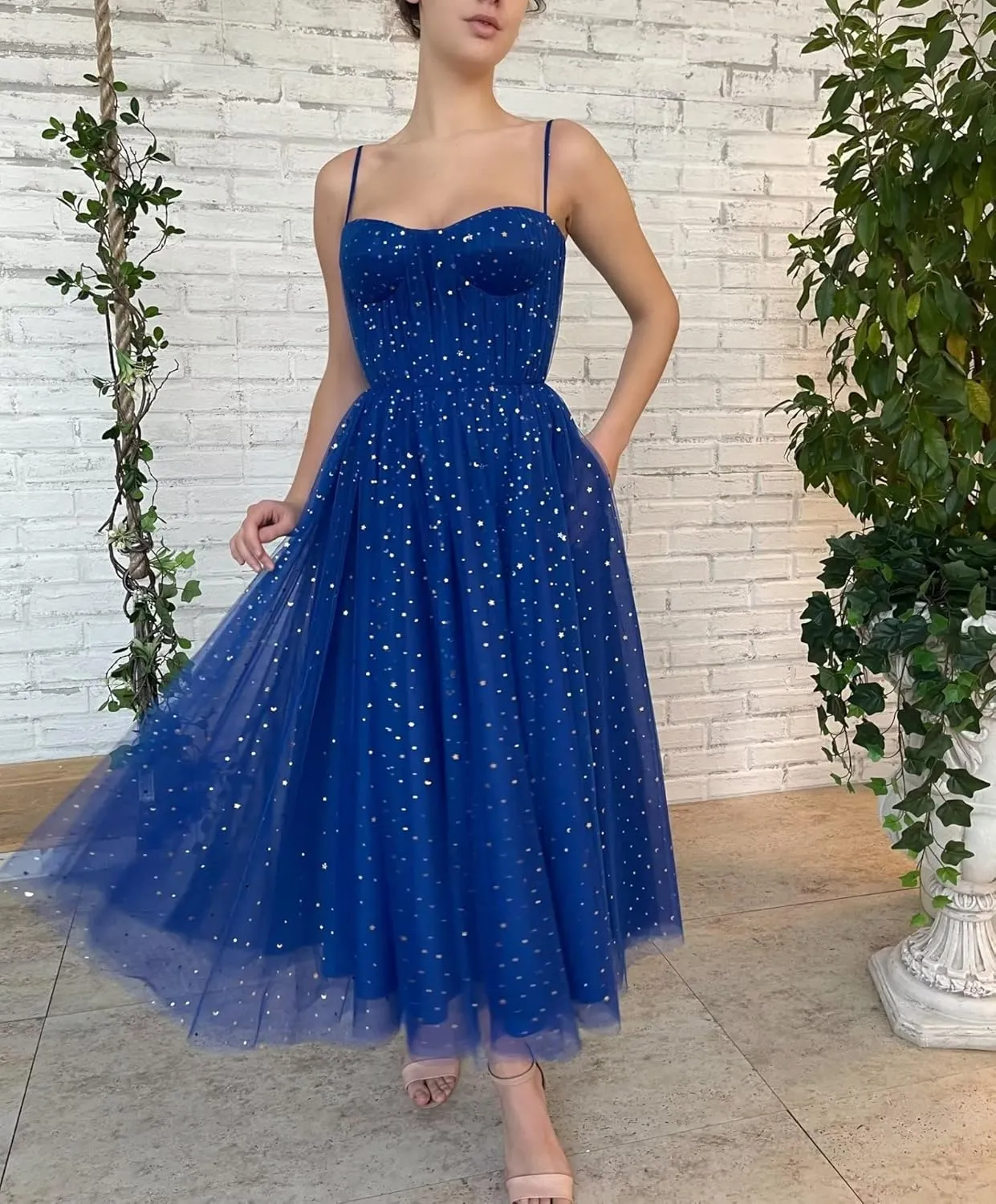 Starry Tulle Prom Dresses Tea Length Spaghetti Straps A Line Pleated Formal Evening Gowns for Women