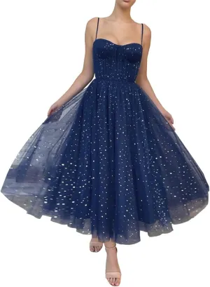 Starry Tulle Prom Dresses Tea Length Spaghetti Straps A Line Pleated Formal Evening Gowns for Women