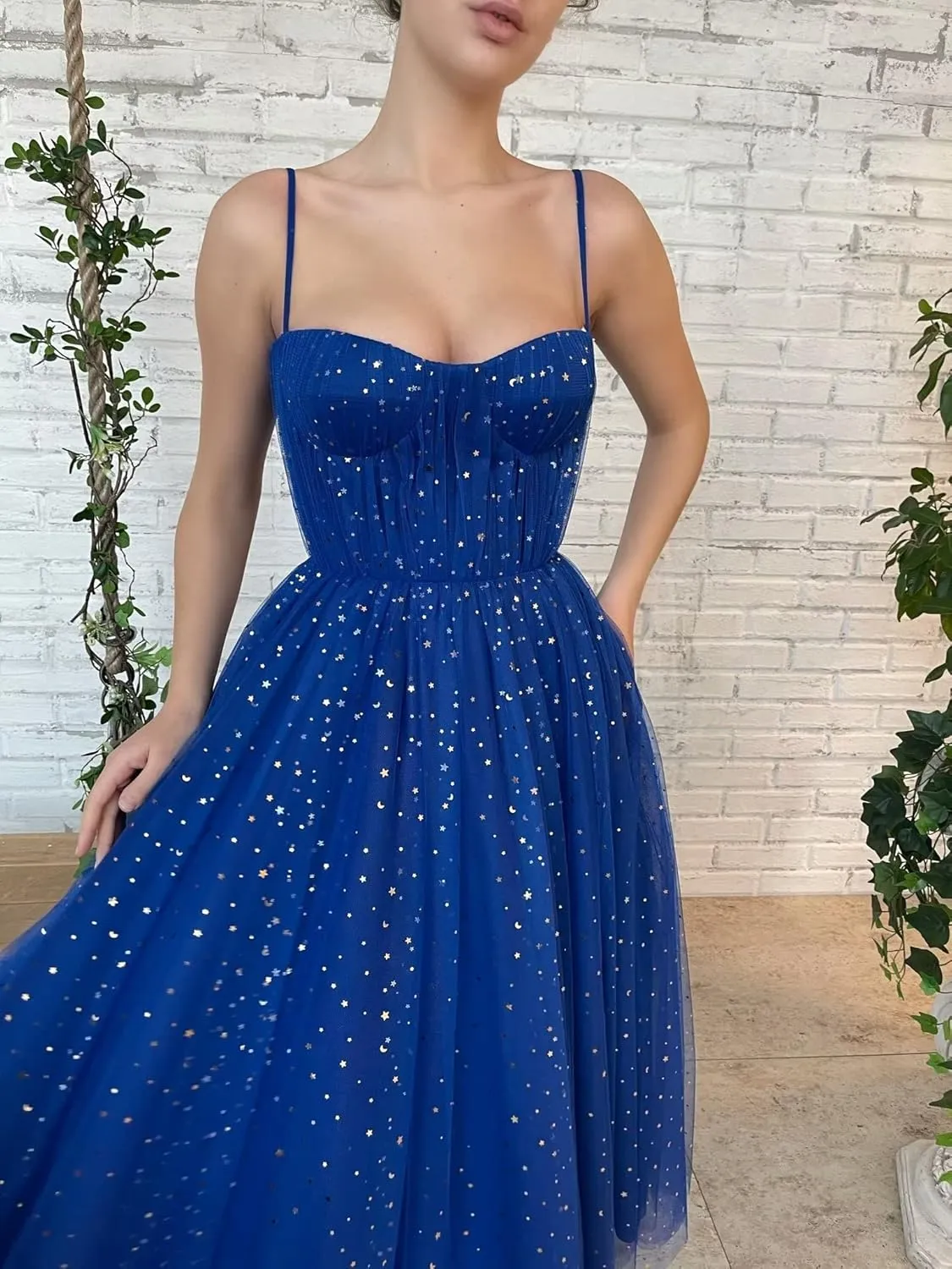 Starry Tulle Prom Dresses Tea Length Spaghetti Straps A Line Pleated Formal Evening Gowns for Women
