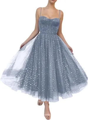 Starry Tulle Prom Dresses Tea Length Spaghetti Straps A Line Pleated Formal Evening Gowns for Women
