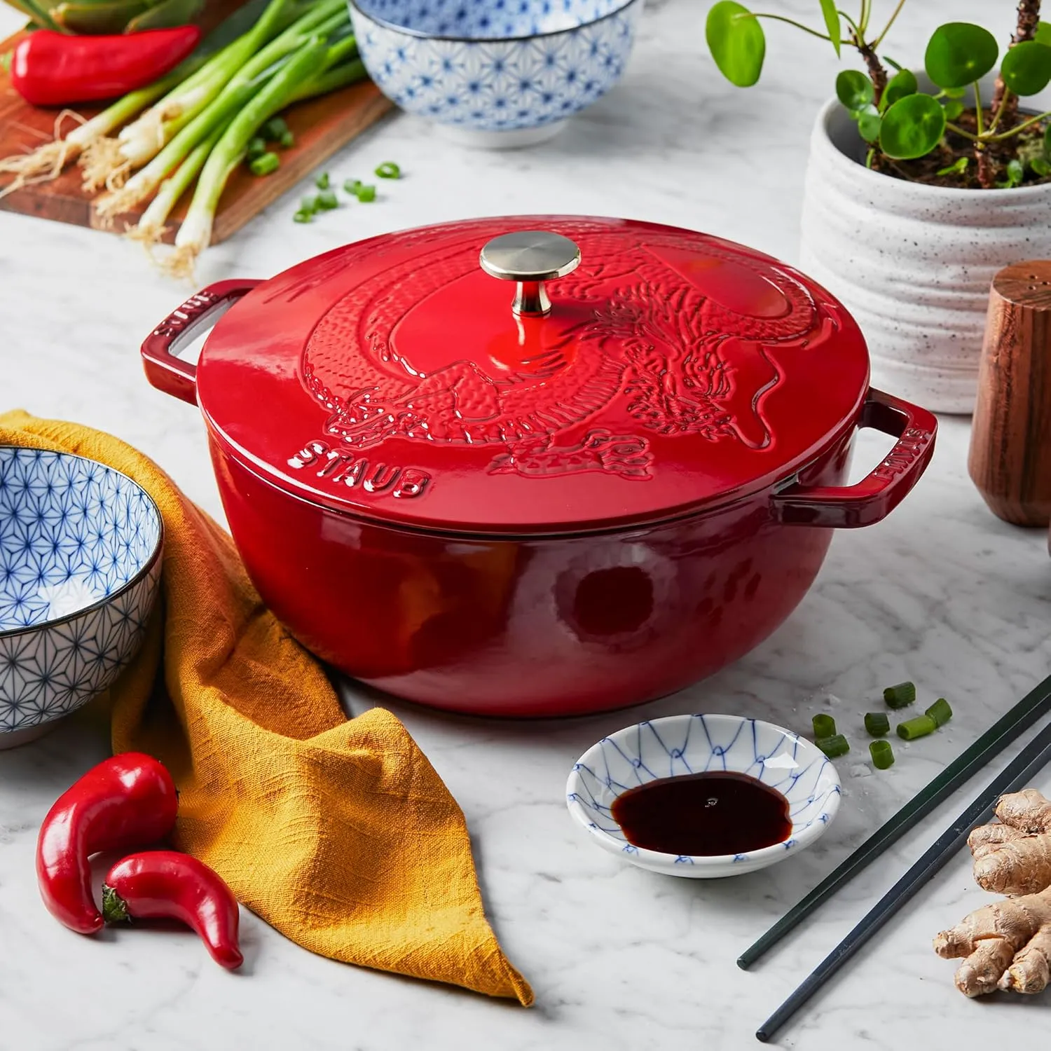 STAUB Specialty Shaped Dutch Cast Iron 3.75-qt Essential French Oven Dragon Lid-Cherry