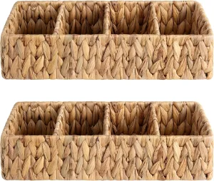 StorageWorks Small Wicker Basket for Organizing with 4-Section, Natural Water Hyacinth Storage Baskets with Dividers for Pantry Shelves, 2-Pack