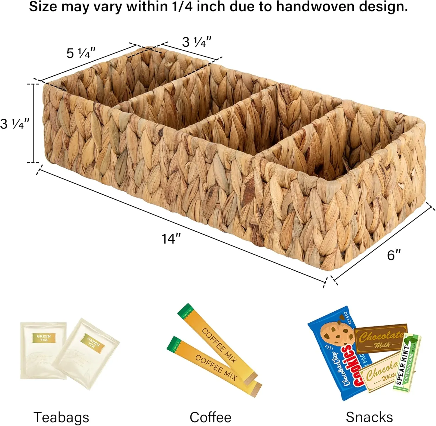 StorageWorks Small Wicker Basket for Organizing with 4-Section, Natural Water Hyacinth Storage Baskets with Dividers for Pantry Shelves, 2-Pack