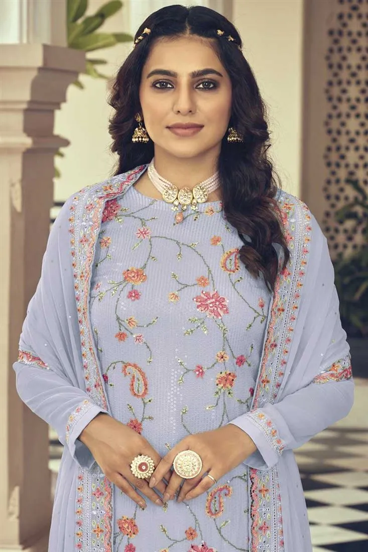Stunning Lavender Color Georgette Fabric Embroidered Salwar Suit