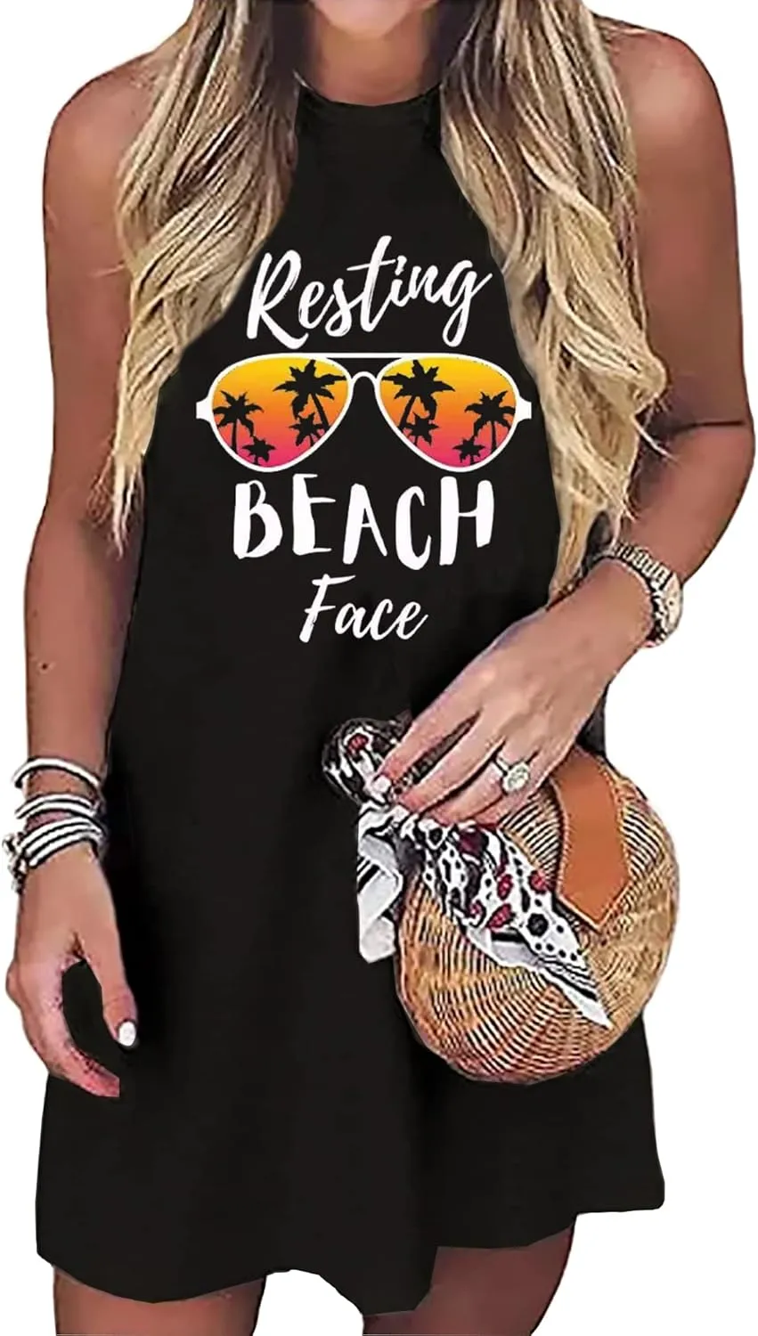 Sun Salt Sand Coconut Tree Tank Mini Dress for Women Sleeveless Beach Praty Shirts Summer Vacation Short Mini Dresses