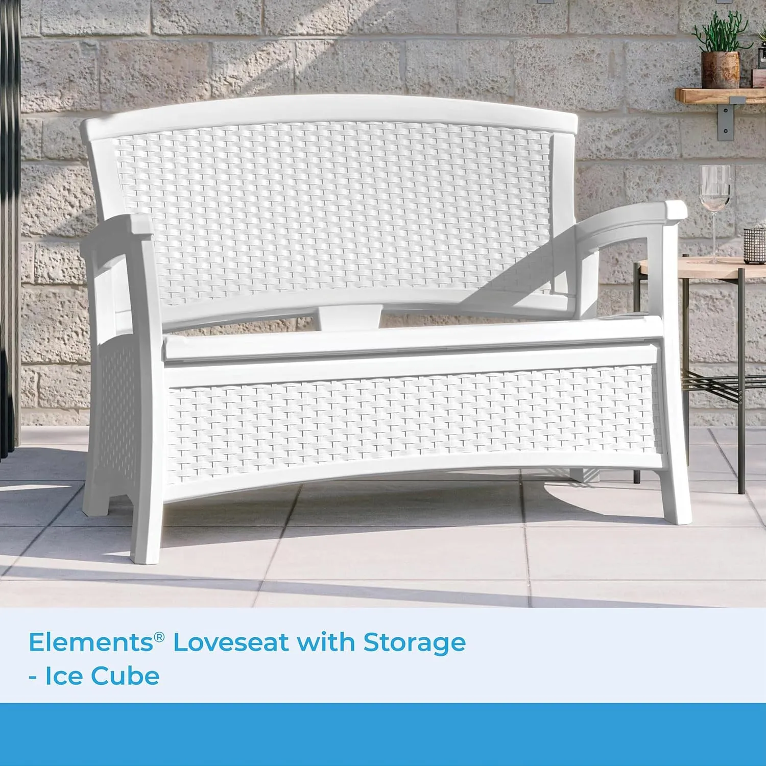 Suncast Outdoor Wicker Love Seat with 23-Gallon Storage, Comfortable Seating for Two, Ergonomic Back Support, All-Weather Furniture for Patio, Deck, and Garden, Ice Cube