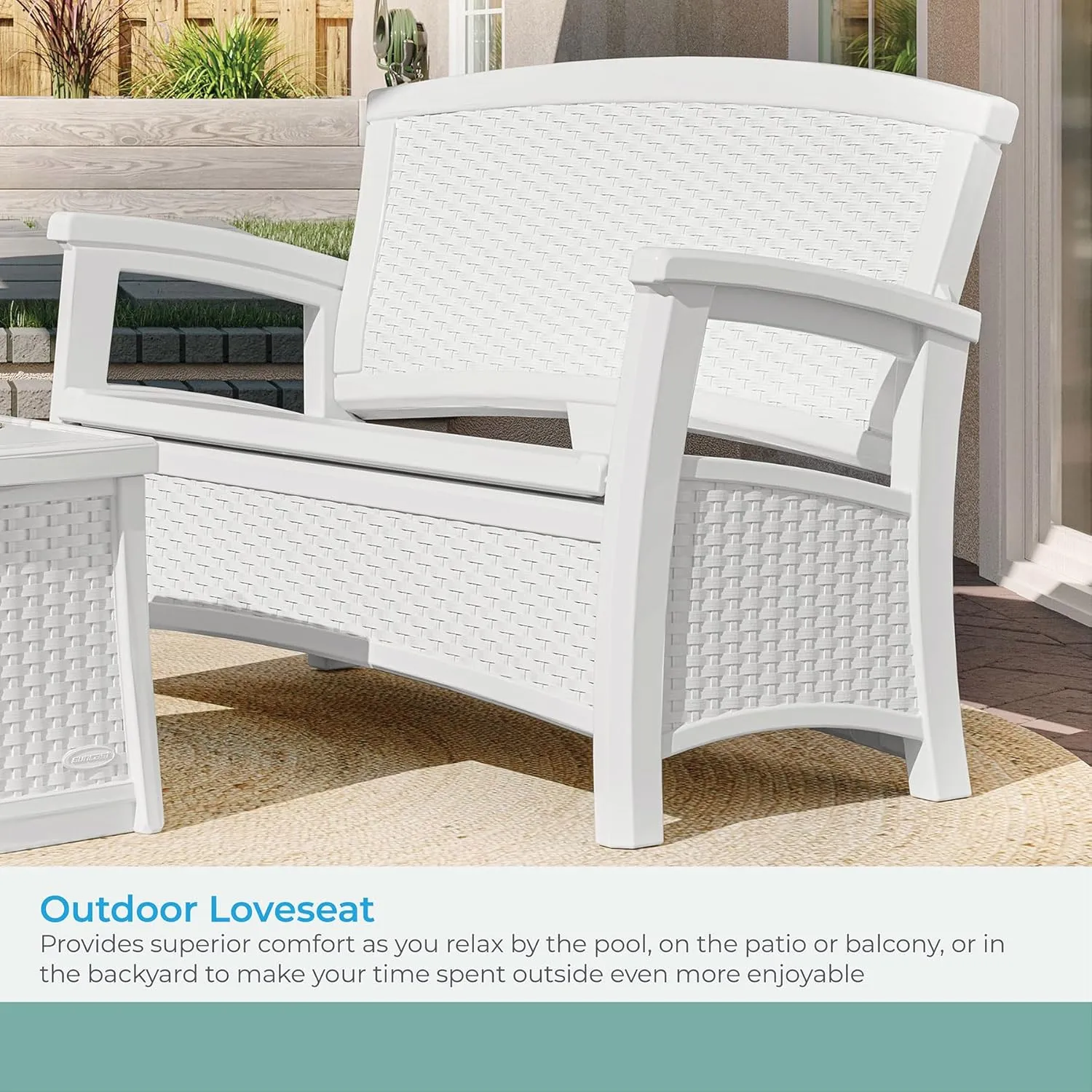 Suncast Outdoor Wicker Love Seat with 23-Gallon Storage, Comfortable Seating for Two, Ergonomic Back Support, All-Weather Furniture for Patio, Deck, and Garden, Ice Cube