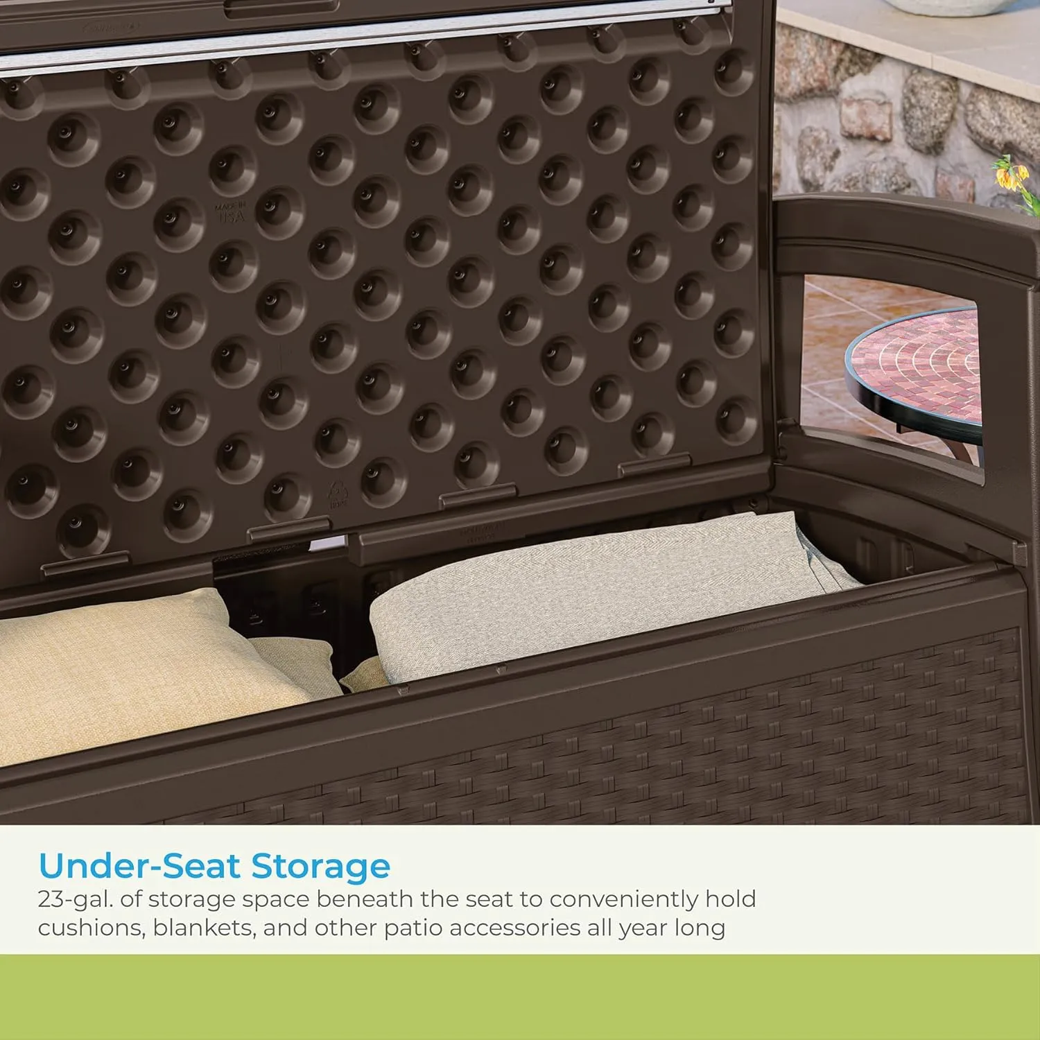Suncast Outdoor Wicker Love Seat with 23-Gallon Storage, Comfortable Seating for Two, Ergonomic Back Support, All-Weather Furniture for Patio, Deck, and Garden, Java, Made in the USA