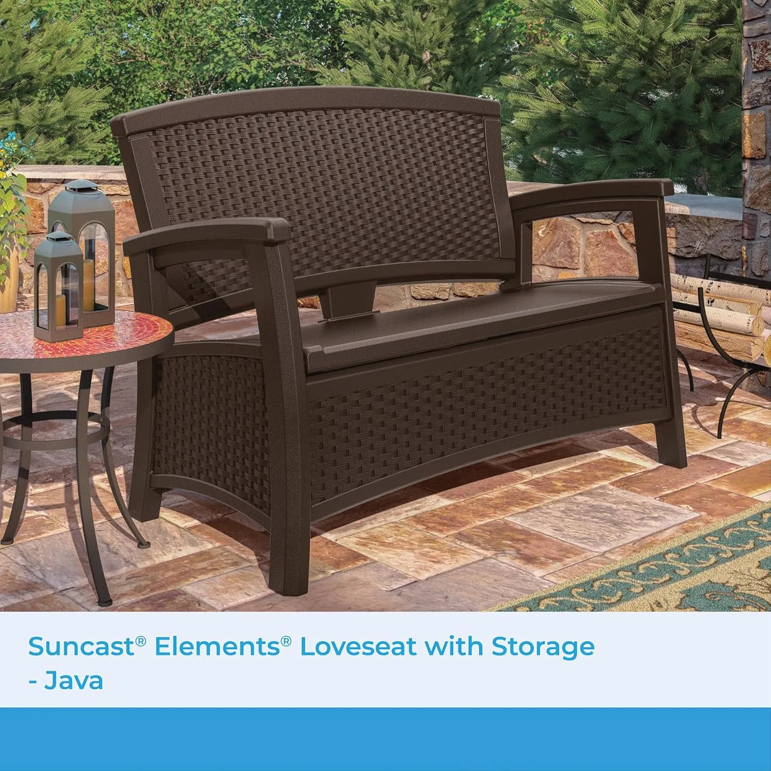 Suncast Outdoor Wicker Love Seat with 23-Gallon Storage, Comfortable Seating for Two, Ergonomic Back Support, All-Weather Furniture for Patio, Deck, and Garden, Java, Made in the USA