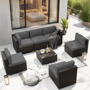SUNCROWN 7-Piece Outdoor Patio Furniture Sofa Set All-Weather Black Wicker Sectional Conversation Set with Modern Glass Coffee Table and Cushions (Grey)