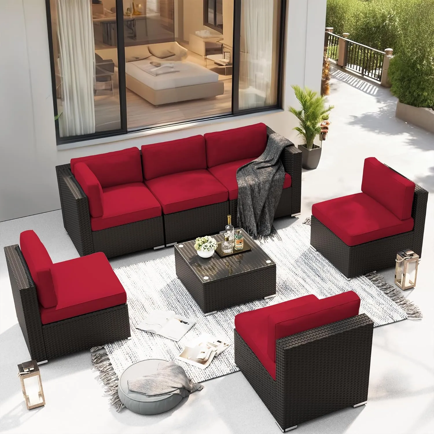 SUNCROWN 7-Piece Outdoor Patio Furniture Sofa Set All-Weather Wicker Sectional Conversation Set with Modern Glass Coffee Table, Cushions and A Waterproof Cover -Red
