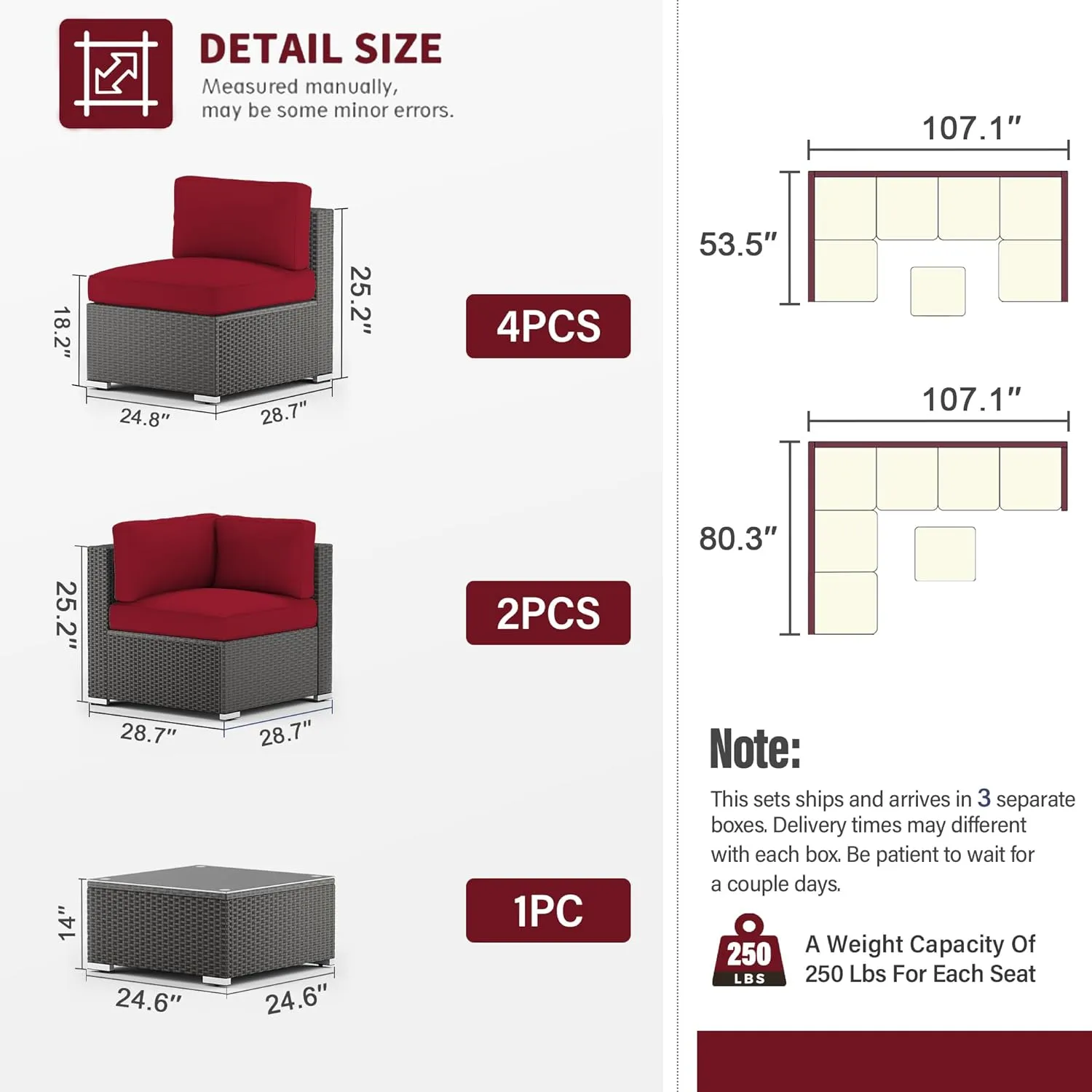 SUNCROWN 7-Piece Outdoor Patio Furniture Sofa Set All-Weather Wicker Sectional Conversation Set with Modern Glass Coffee Table, Cushions and A Waterproof Cover -Red