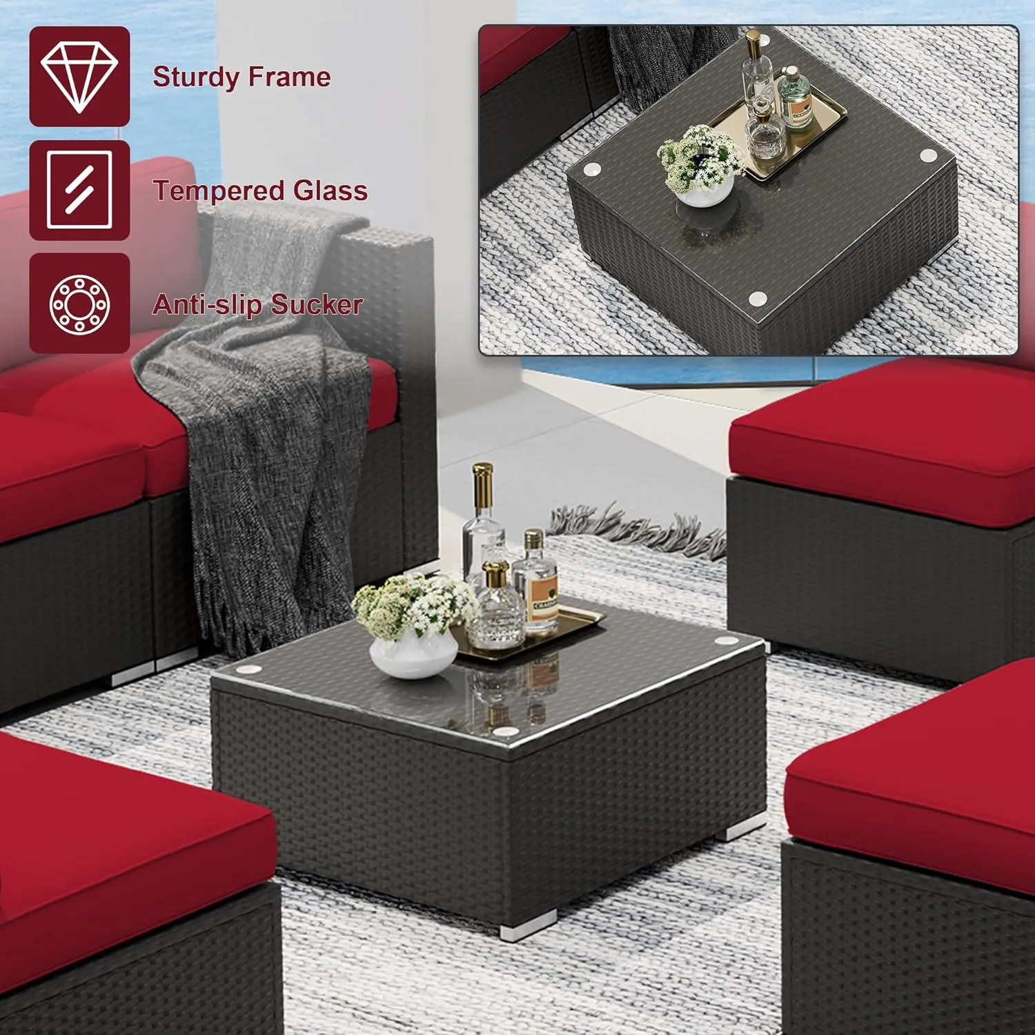 SUNCROWN 7-Piece Outdoor Patio Furniture Sofa Set All-Weather Wicker Sectional Conversation Set with Modern Glass Coffee Table, Cushions and A Waterproof Cover -Red