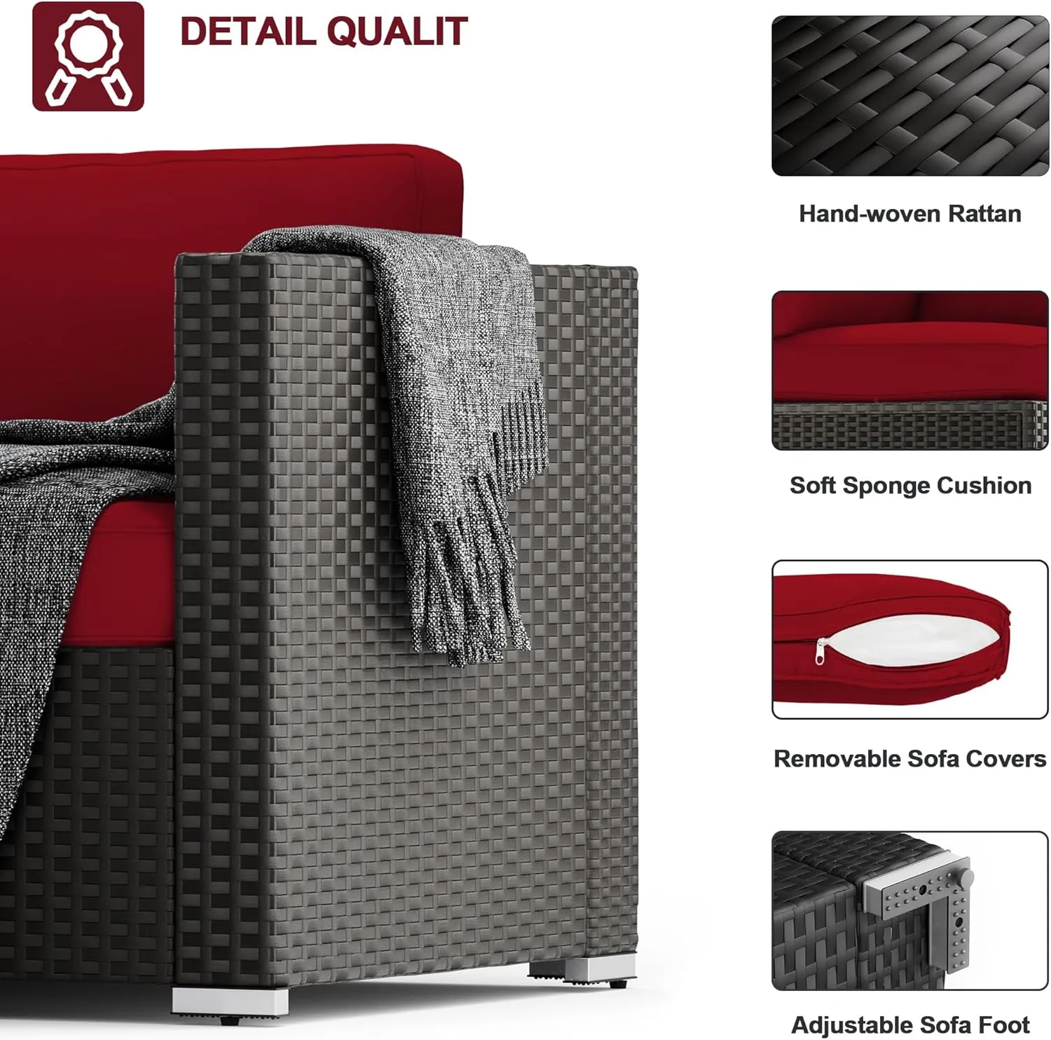 SUNCROWN 7-Piece Outdoor Patio Furniture Sofa Set All-Weather Wicker Sectional Conversation Set with Modern Glass Coffee Table, Cushions and A Waterproof Cover -Red