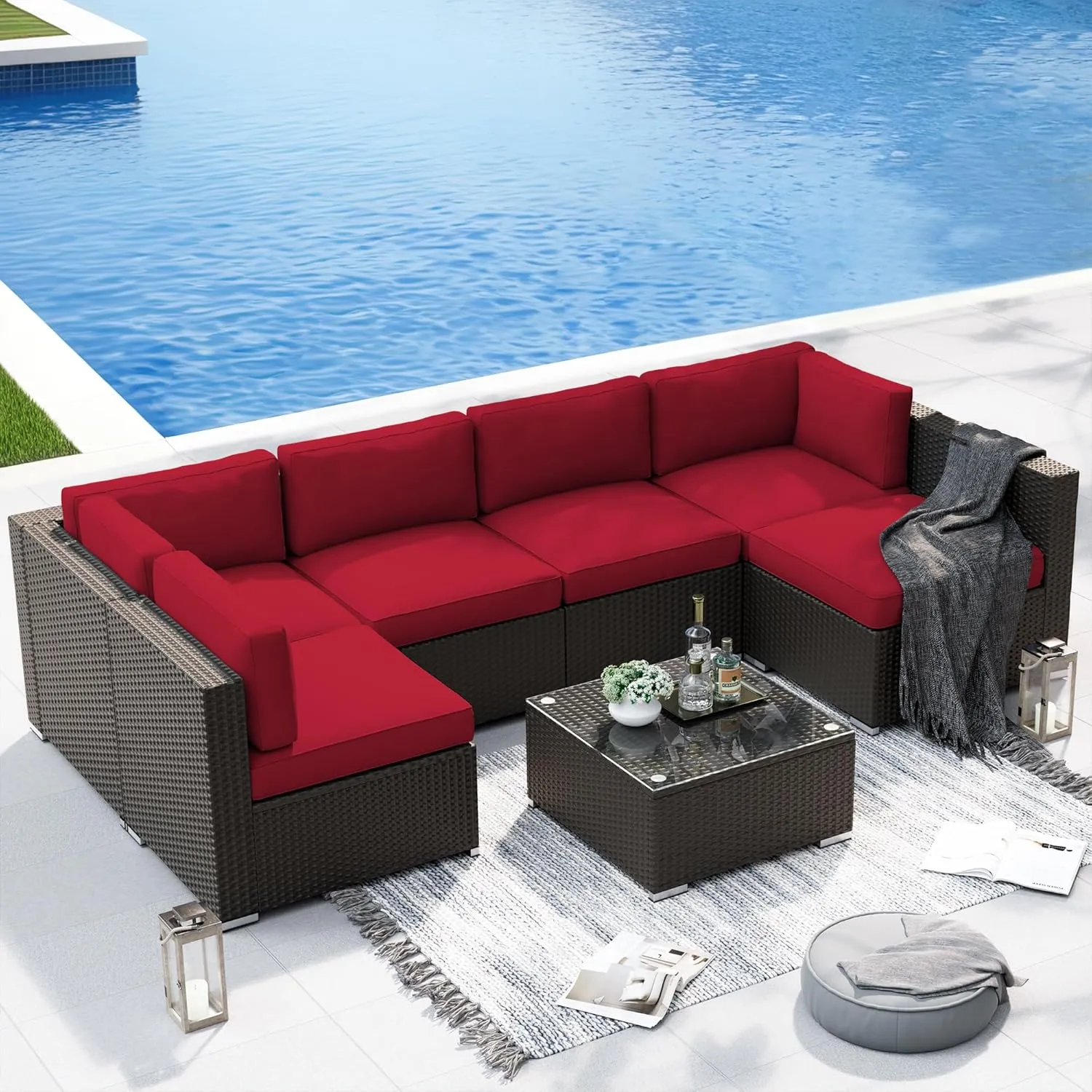 SUNCROWN 7-Piece Outdoor Patio Furniture Sofa Set All-Weather Wicker Sectional Conversation Set with Modern Glass Coffee Table, Cushions and A Waterproof Cover -Red