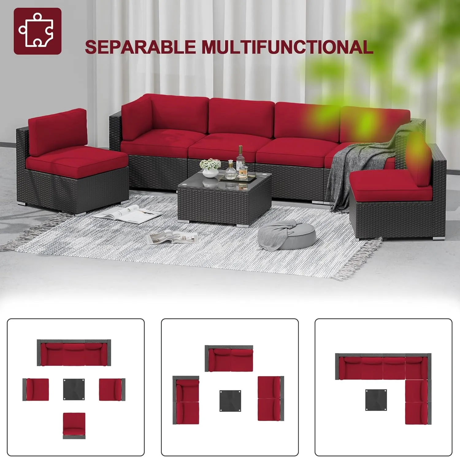 SUNCROWN 7-Piece Outdoor Patio Furniture Sofa Set All-Weather Wicker Sectional Conversation Set with Modern Glass Coffee Table, Cushions and A Waterproof Cover -Red