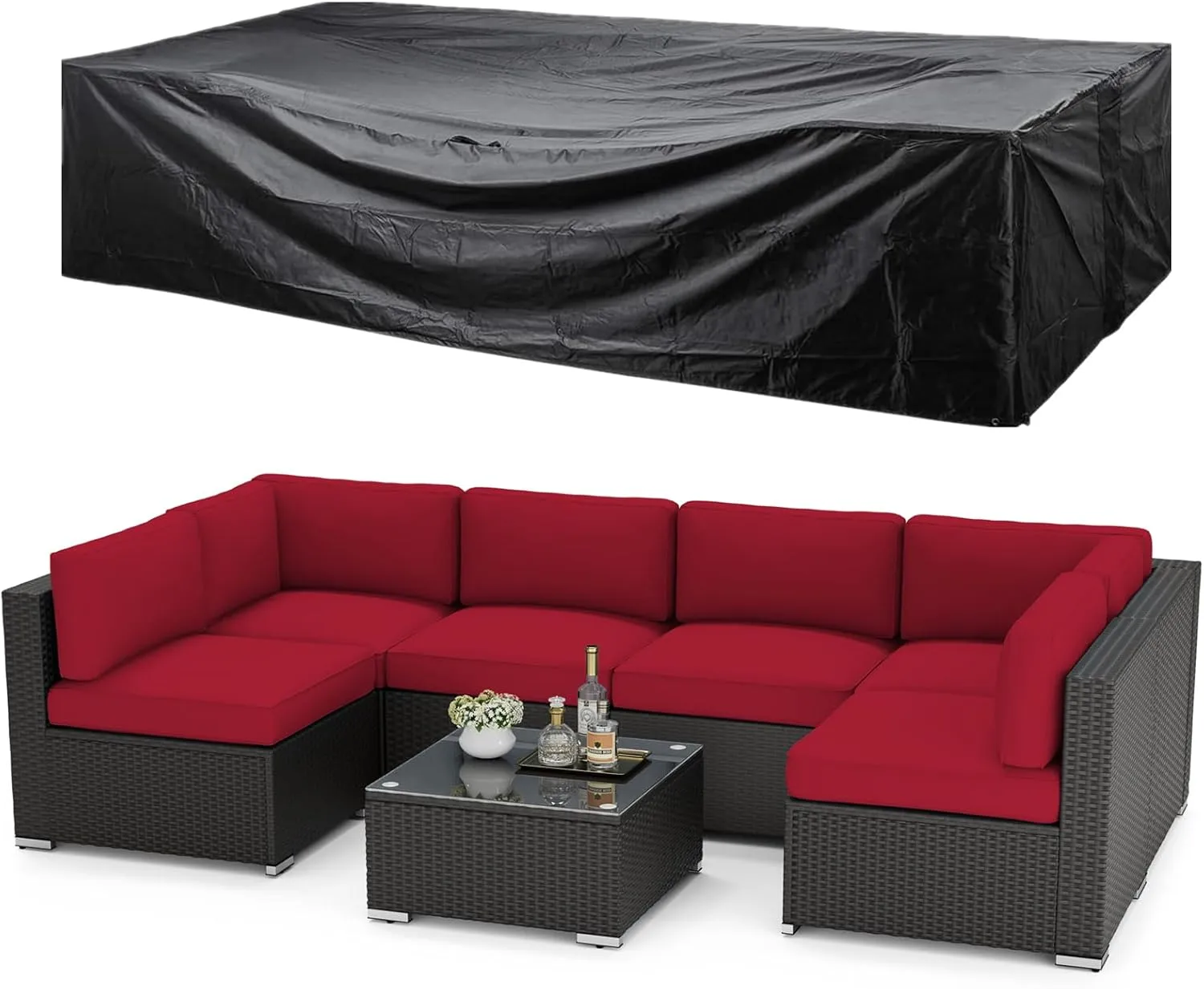 SUNCROWN 7-Piece Outdoor Patio Furniture Sofa Set All-Weather Wicker Sectional Conversation Set with Modern Glass Coffee Table, Cushions and A Waterproof Cover -Red