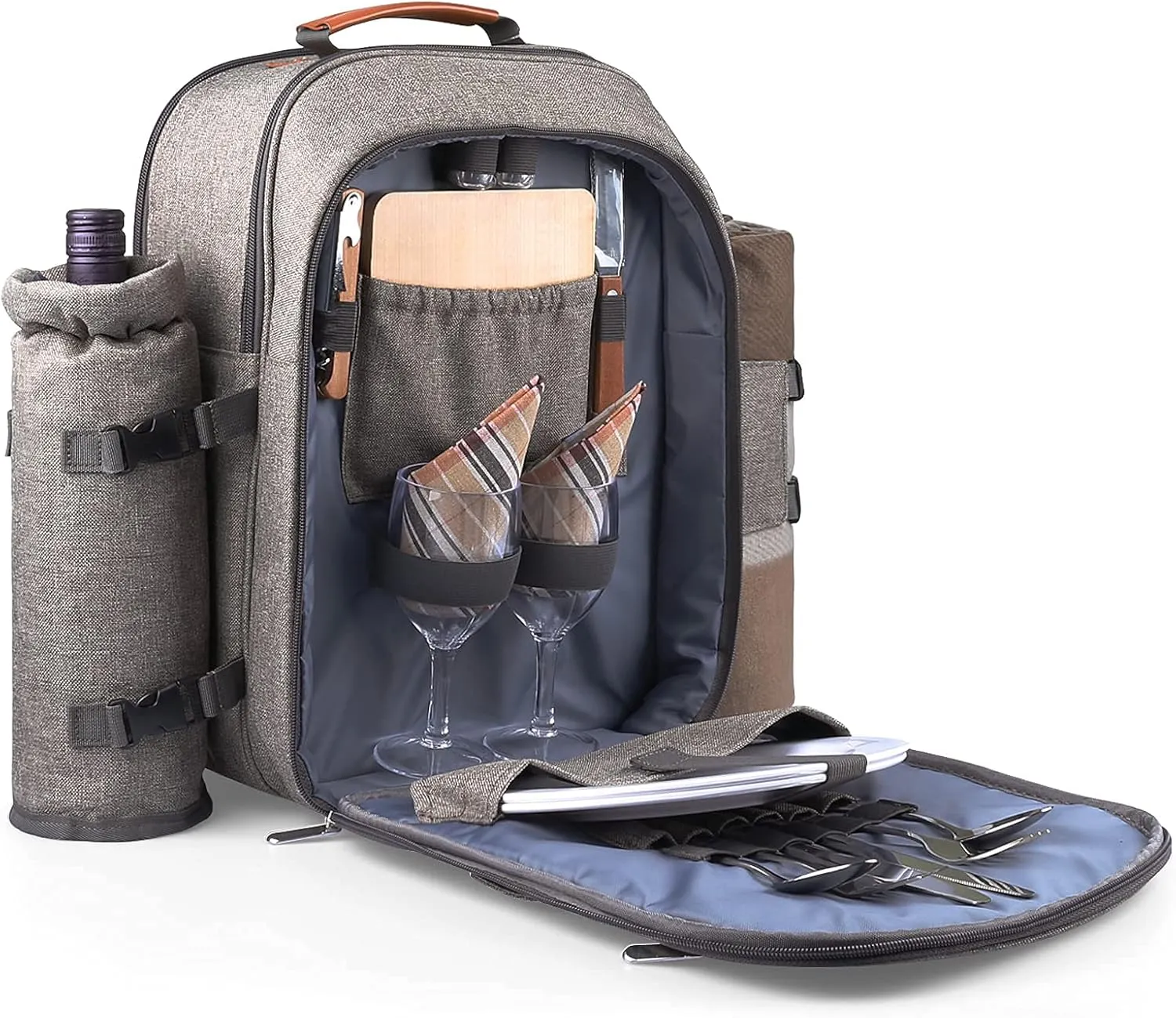 Sunflora Picnic Backpack for 2 Person, Picnic Basket Complete Set with Insulated Cooler and Blanket for Family Outdoor Camping (Blue & Stripe)
