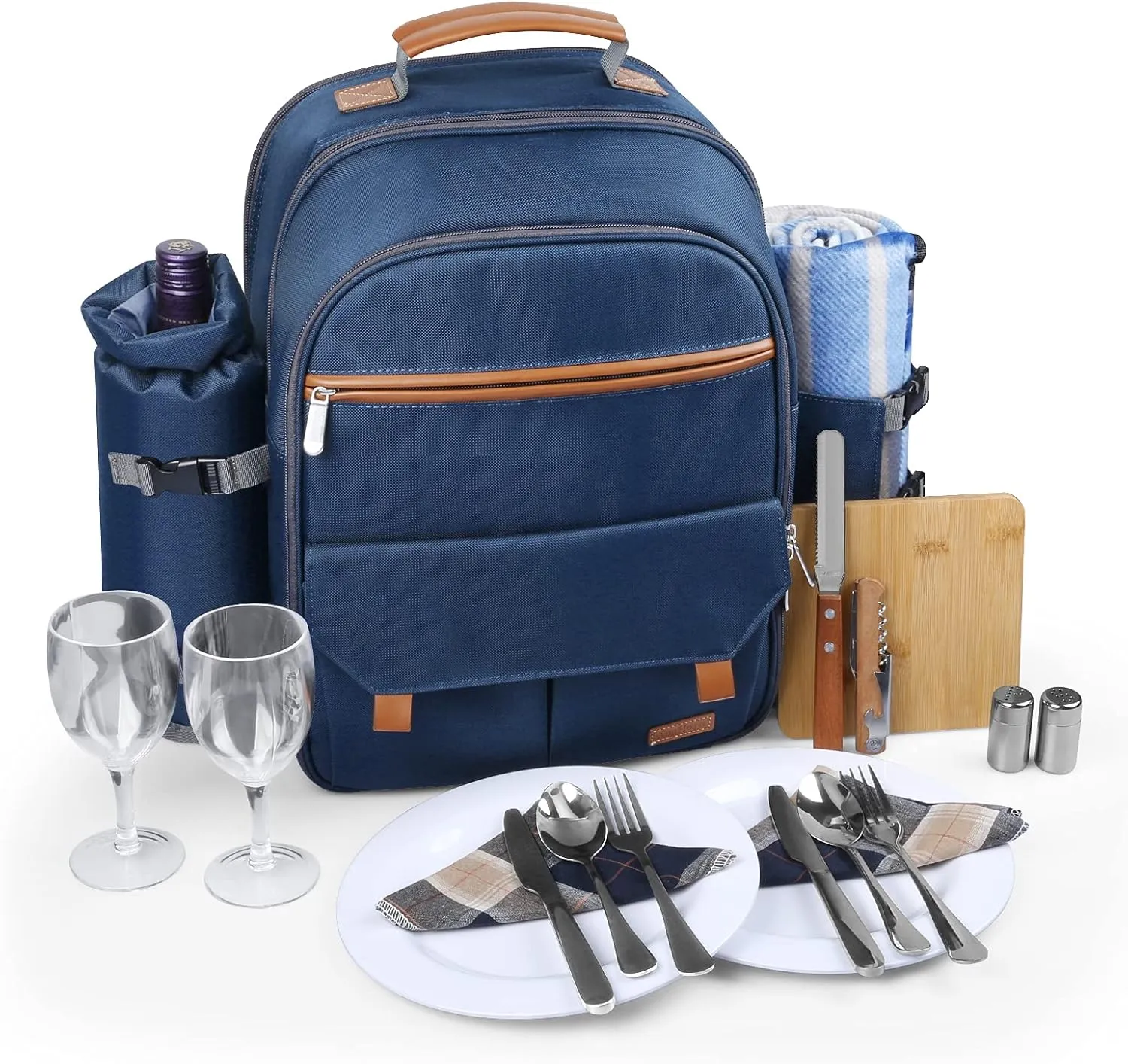 Sunflora Picnic Backpack for 2 Person, Picnic Basket Complete Set with Insulated Cooler and Blanket for Family Outdoor Camping (Blue & Stripe)