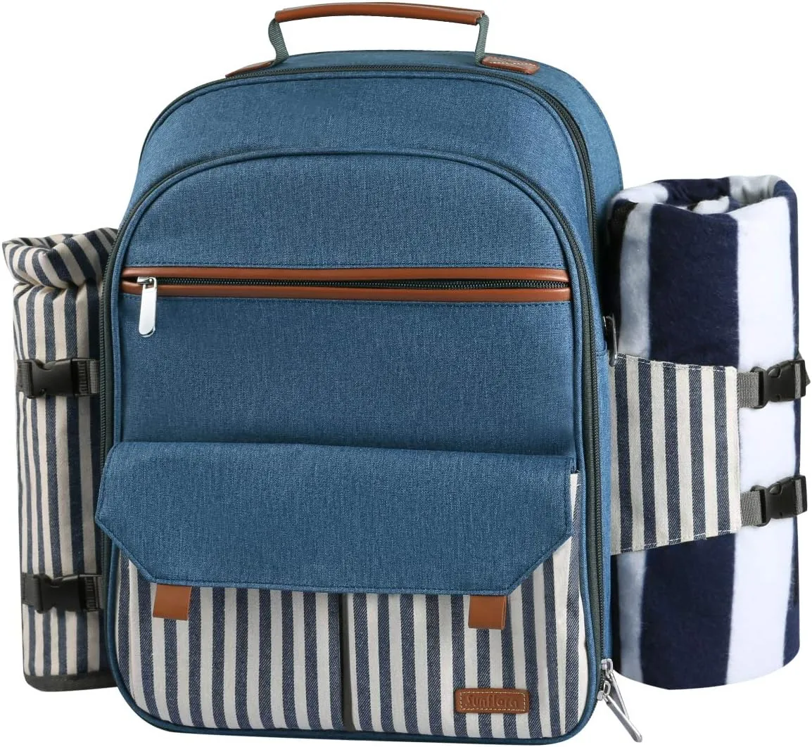 Sunflora Picnic Backpack for 2 Person, Picnic Basket Complete Set with Insulated Cooler and Blanket for Family Outdoor Camping (Blue & Stripe)