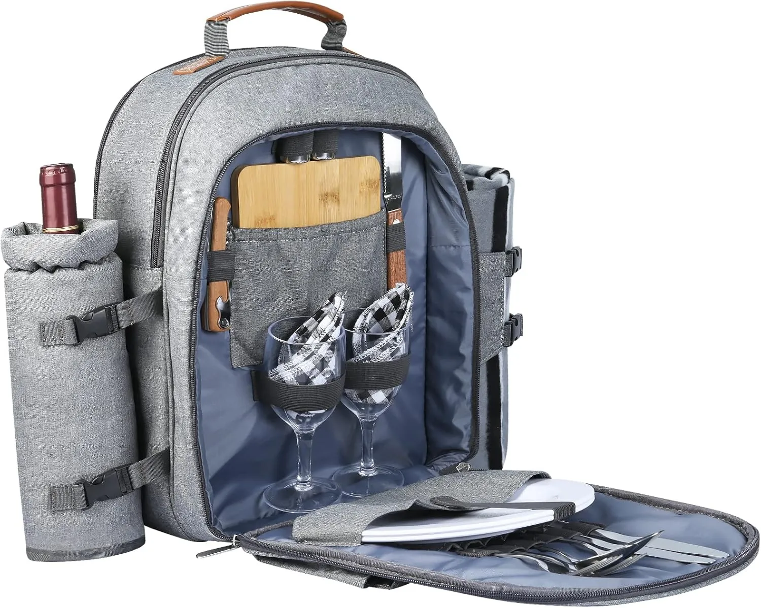 Sunflora Picnic Backpack for 2 Person, Picnic Basket Complete Set with Insulated Cooler and Blanket for Family Outdoor Camping (Blue & Stripe)