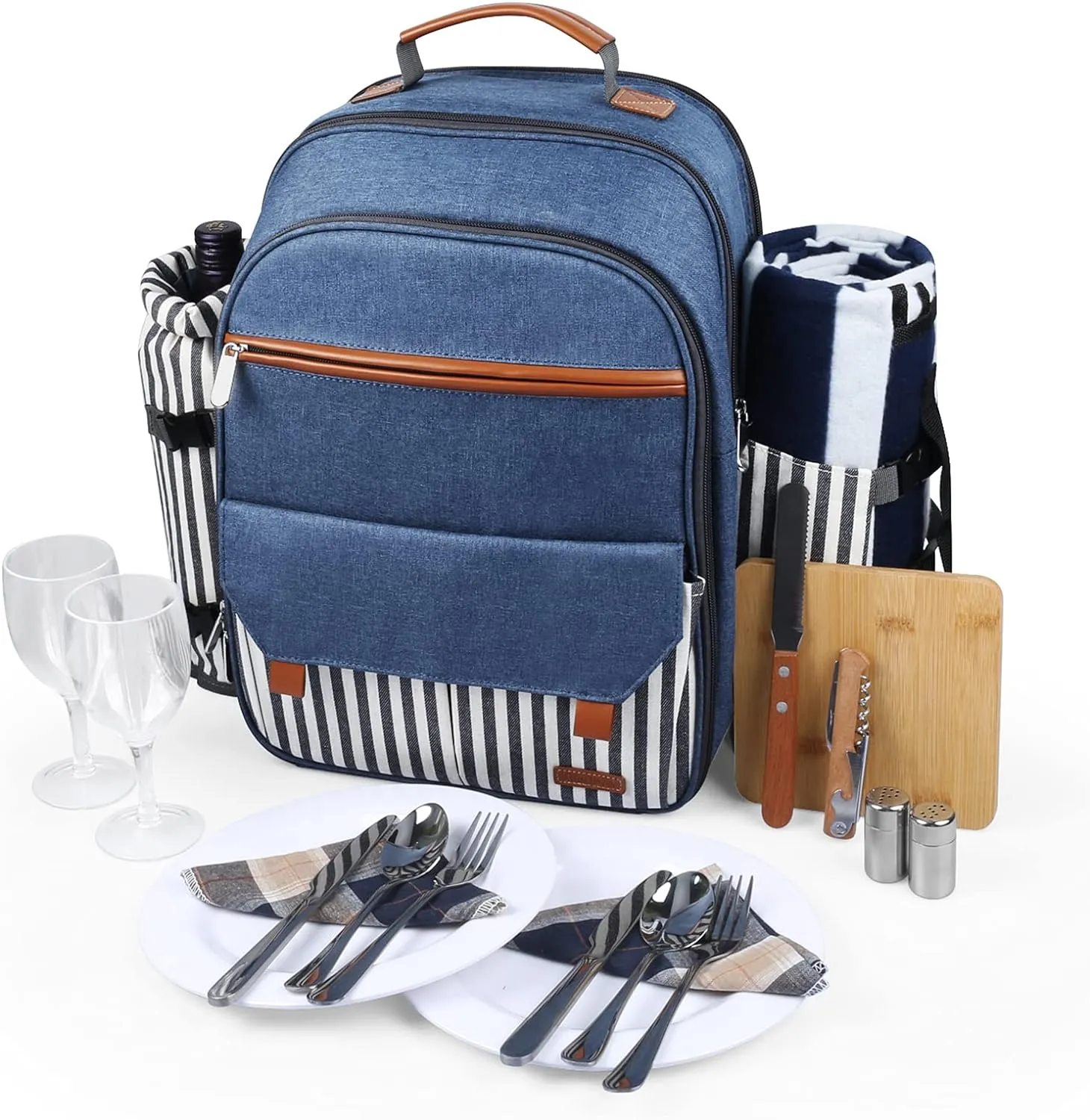 Sunflora Picnic Backpack for 2 Person, Picnic Basket Complete Set with Insulated Cooler and Blanket for Family Outdoor Camping (Blue & Stripe)