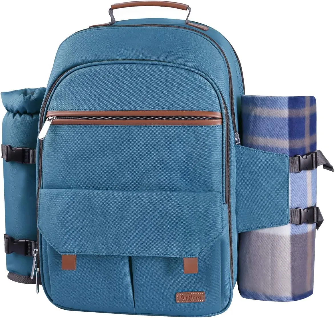 Sunflora Picnic Backpack for 2 Person, Picnic Basket Complete Set with Insulated Cooler and Blanket for Family Outdoor Camping (Blue & Stripe)