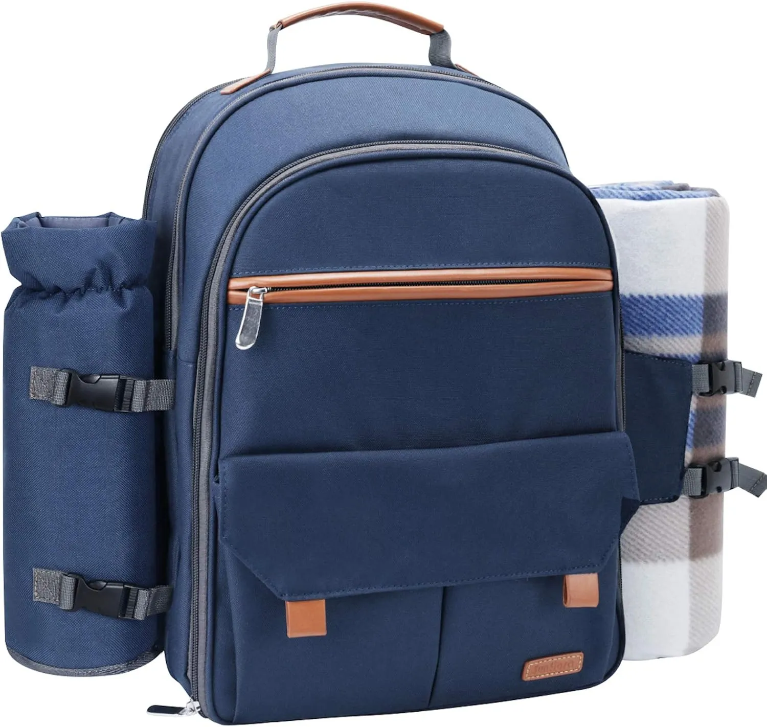 Sunflora Picnic Backpack for 2 Person, Picnic Basket Complete Set with Insulated Cooler and Blanket for Family Outdoor Camping (Blue & Stripe)
