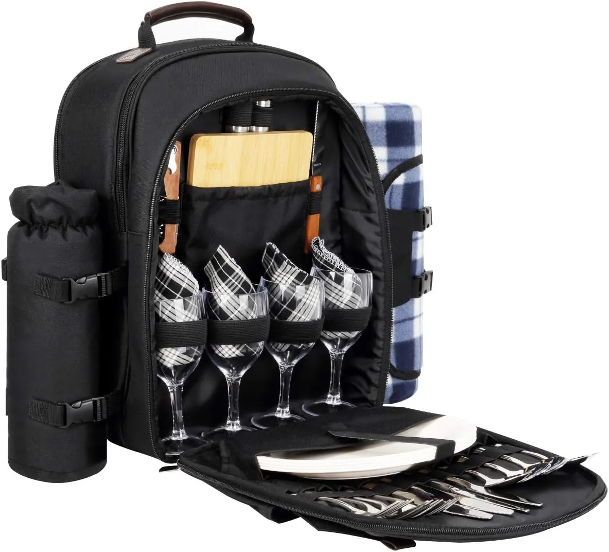 Sunflora Picnic Backpack for 2 Person, Picnic Basket Complete Set with Insulated Cooler and Blanket for Family Outdoor Camping (Blue & Stripe)