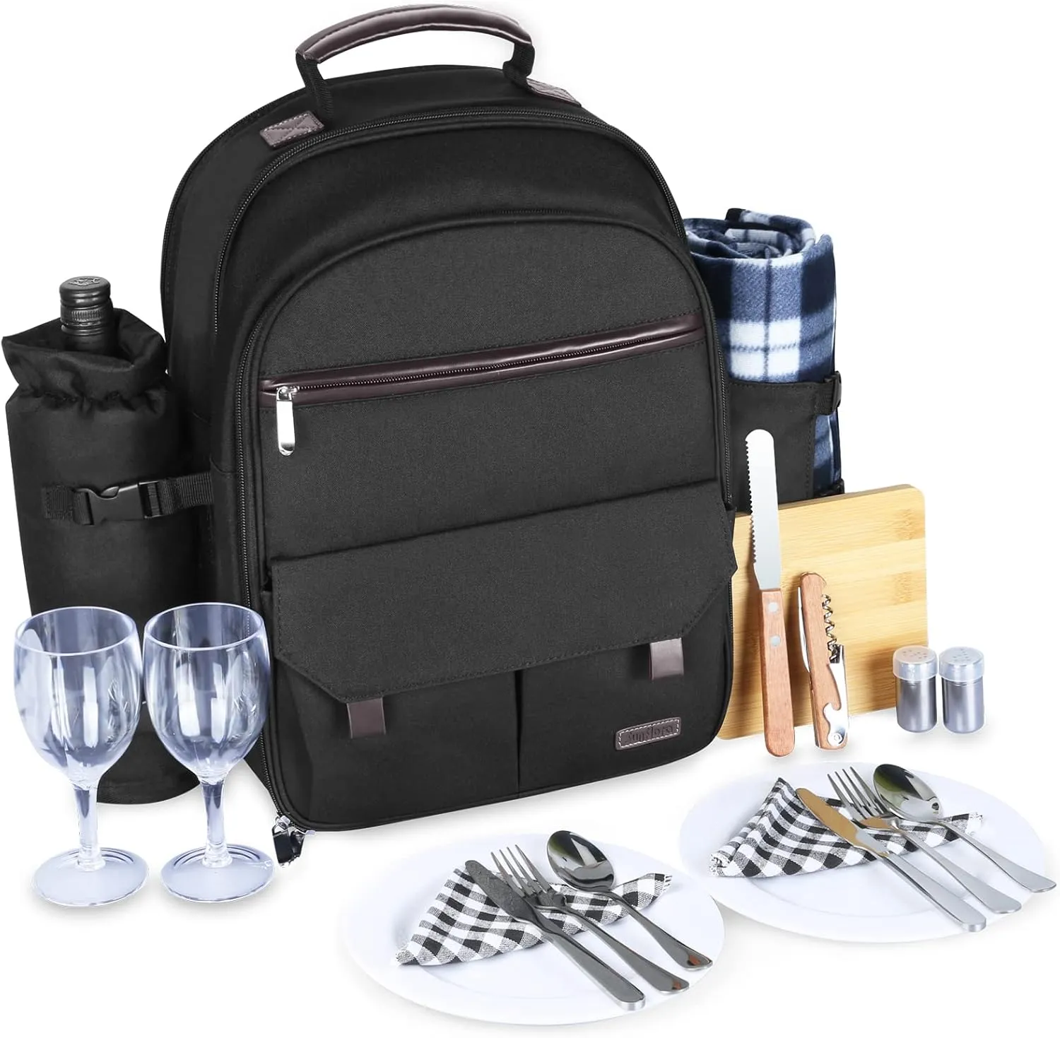 Sunflora Picnic Backpack for 2 Person, Picnic Basket Complete Set with Insulated Cooler and Blanket for Family Outdoor Camping (Blue & Stripe)