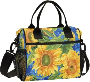Sunflowers on Blue Field Design in The Style Of Gossamer Fabrics Greg Hildebrandt Vibrant Sensati Small Lunch Box for Men Women Adults Insulated Lunch Bag Cooler Bag with Adjustable Shoulder Strap
