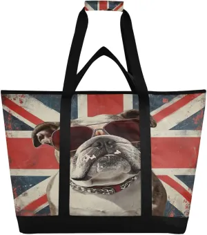 Sunglasses Bulldog British Flag Reusable Insulated Lunchbox Cooler Bag, Leakproof Kitchen Grocery Bag Collapsible Portable Cooler Tote Bag for Picnic, Camping, Office, Travel