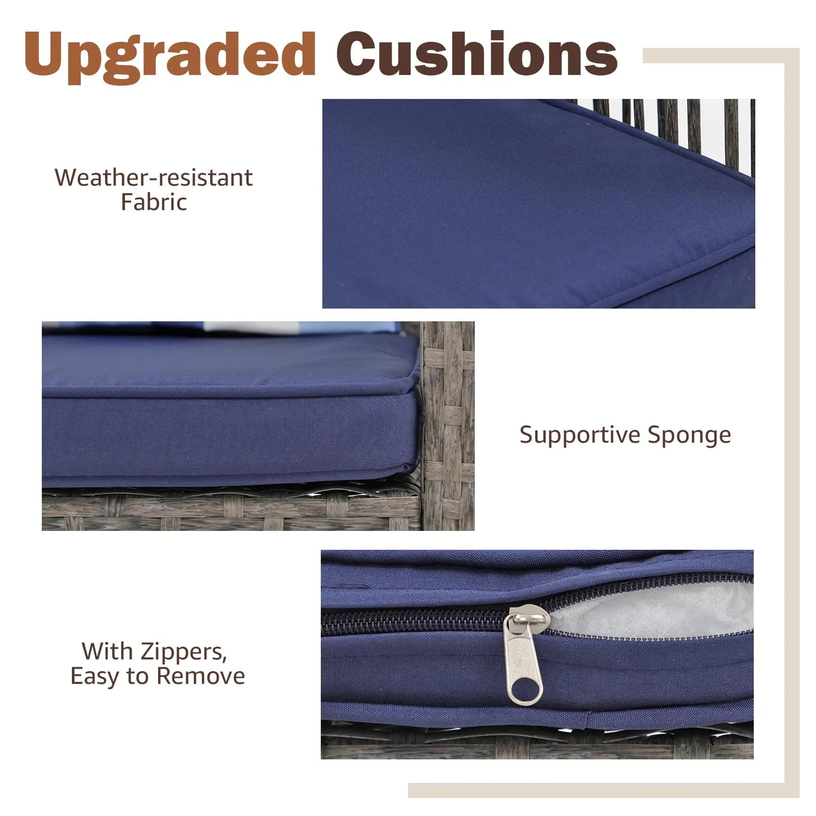 SUNSITT 3-Piece Outdoor Wicker Bar Height Table Set, 2 Bar Stools and 1 Pub Table with 2 Striped Pillows, Grey Rattan, Blue Seat Cushions, Steel Frame
