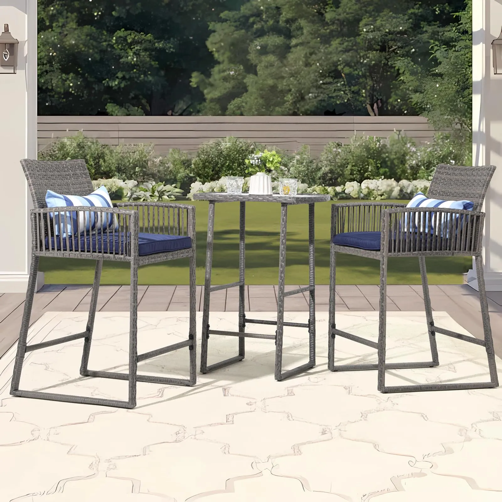 SUNSITT 3-Piece Outdoor Wicker Bar Height Table Set, 2 Bar Stools and 1 Pub Table with 2 Striped Pillows, Grey Rattan, Blue Seat Cushions, Steel Frame